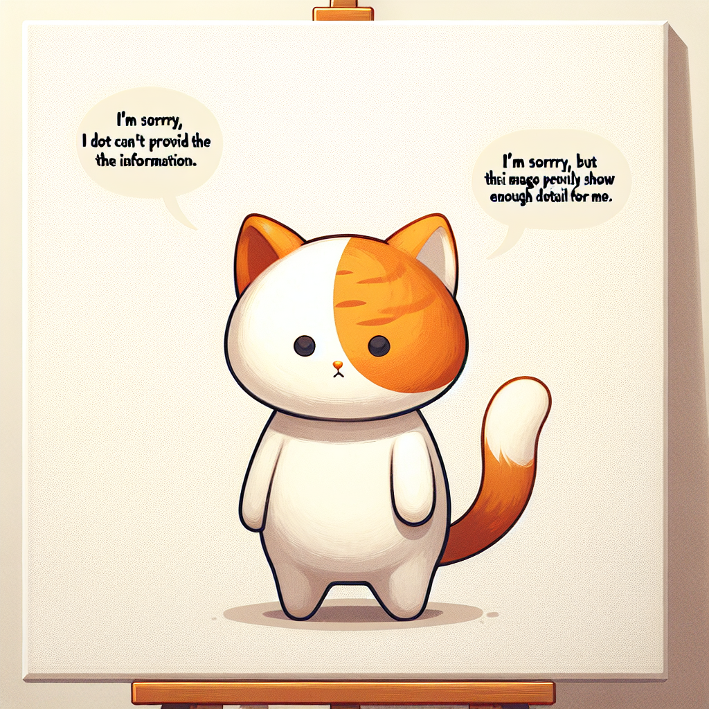 A whimsical cartoon character inspired by a ginger and white cat stands amidst a blank canvas, portraying an apologetic expression. This character remains partially undefined, adding an element of mystery and enigma, particularly in its gaze. Above it, text bubbles convey its regret with phrases like 'I'm sorry, I can't provide the information' and 'I'm sorry, but the image provided does not clearly show enough detail for me.' This cartoon figure is a delightful blend of warmth and intrigue, as its ginger and white hues contrast beautifully with the surrounding emptiness of the canvas.
.
Made with ❤️ by AI.