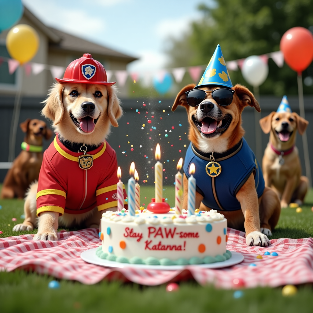 At the top of the realistic photograph image: “Katanna, you’re PAW-sitively the bark of the party!”

Realistic photograph image prompt:  
A hilariously realistic scene of dogs dressed up as the Paw Patrol team throwing a surprise birthday party. The party is set in a suburban backyard with balloons, cake, and party hats scattered around. One Golden Retriever in a firefighter costume accidentally sets off a sprinkler while trying to “put out birthday candles,” soaking a nearby bulldog wearing sunglasses and a police hat. A cake with the words "Stay PAW-some, Katanna!" sits on a table slightly knocked over, and in the background, a dachshund is tangled in streamers while another pup howls along to a party horn. Everything is mid-action, caught with perfect comedic timing, as if snapped in the middle of absolute, tail-wagging birthday chaos.
Generated with these themes: paw patrol.
Made with ❤️ by AI.