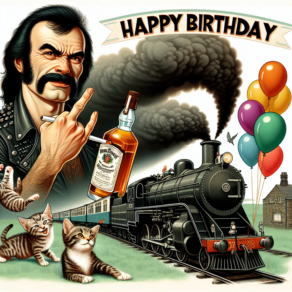 Iron maiden, Jack Daniels, Steam trains, and Tabby cats Birthday Card