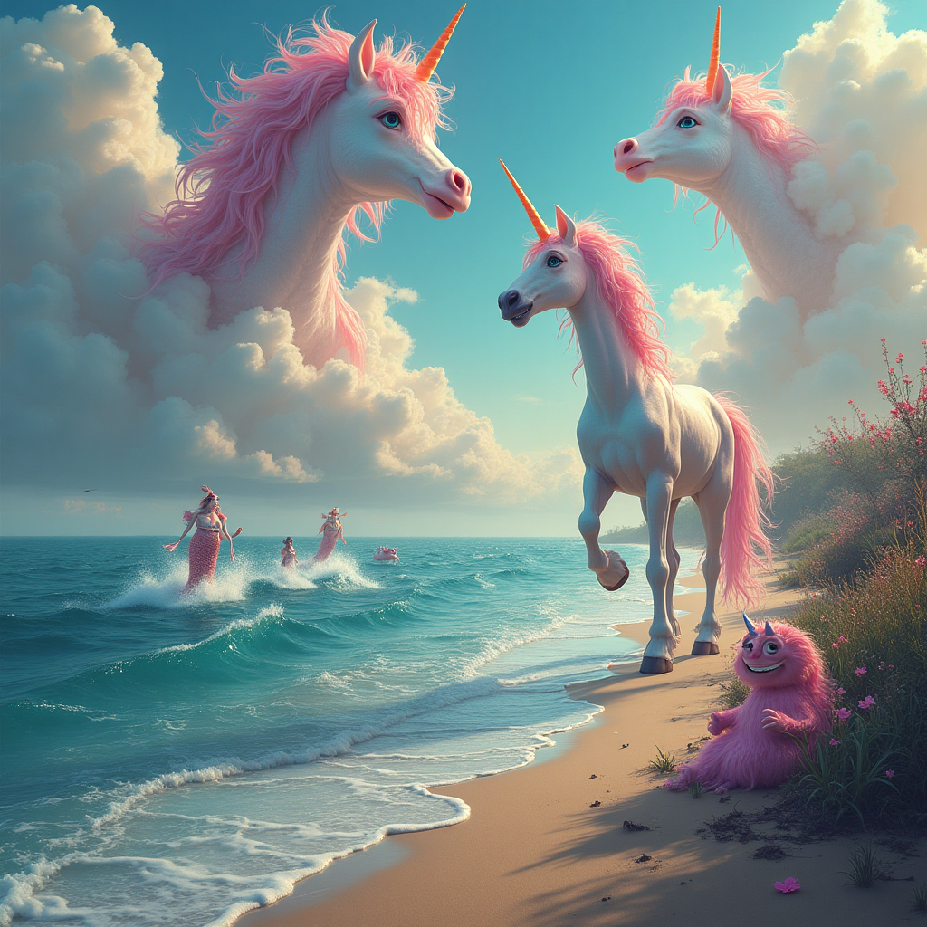 At the top of the Surreal Style image, "Happy Birthday"

---

**Image Prompt:**

Imagine a whimsical landscape where unicorns with dazzling iridescent coats gracefully prance along a shoreline. Their horns emit a soft glow, casting a mystical light onto the water. In the ocean, mermaids with vibrant, flowing hair and shimmering scales sing melodiously, their melodies creating gentle ripples in the waves. Overhead, clouds morph into fantastical shapes, resembling Harry Styles' face adorned with googly eyes, playfully winking down at the scene. Nearby, friendly monsters with cuddly, fuzzy exteriors and wide, inviting smiles join the celebration, their laughter echoing like a joyful chorus. Ethereal lighting bathes the entire landscape, making the fantastical elements glow with a dreamlike quality.
Generated with these themes: Unicorns, mermaids, googly eyes, monsters, Harry Styles, and .
Made with ❤️ by AI.
