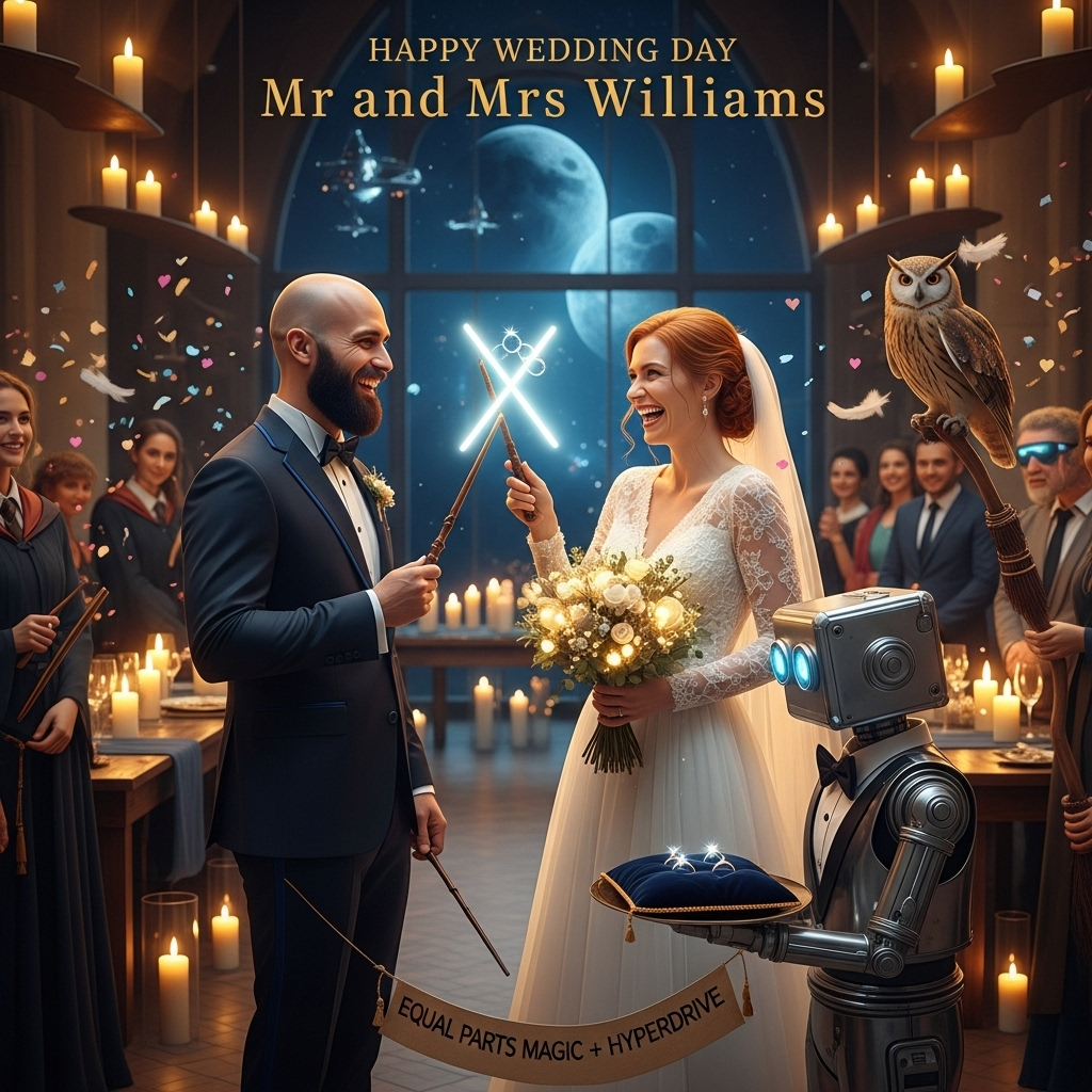 At the top of the Photorealistic picture taken from a camera image, "Happy Wedding Day Mr and Mrs Williams"

Ultra-high-definition 4K UHD photograph, realistic lens effects, lifelike textures, rich depth of field. A joyful, funny wedding scene that blends whimsical wizard-school charm with sleek space‑opera vibes (no specific copyrighted characters or logos). Center frame: a laughing couple at the aisle—bald, bearded groom in a sharp black tux with a subtle midnight-blue lining and a slim wand tucked in his breast pocket; ginger‑haired bride in a luminous white gown dusted with tiny sparkles, bouquet twinkling with little floating lights. They playfully “toast” by gently crossing a classic wooden wand and a softly glowing neon wedding baton, forming a bright X above their rings. The setting is an elegant candlelit hall: rows of floating candles overhead, long wooden tables blurred in the background, and a dramatic panoramic window revealing a starry sky with two distant moons and the faint silhouette of abstract, non-specific starships. A knee‑high, boxy chrome ring‑bearer robot with a bow tie presents a velvet cushion of rings; an owl perches on a polished broom leaning near the couple, confetti of tiny paper stars and feathers drifting midair. Guests in mixed formalwear—some in flowing robes, others in chic futuristic suits—are softly out of focus for depth. Lighting: warm amber candlelight rim‑lighting the couple, balanced with cool indigo starlight from the window; natural filmic color grade, ultra‑realistic skin textures, 50mm lens, f/2 shallow DOF, slight bokeh hearts from a projector. Add small in‑scene text on a tiny banner hanging from the robot’s tray: “Equal parts magic + hyperdrive.” Clean, elegant gold serif headline text at the top (as specified), no other visible text.
Generated with these themes: Harry potter, star wars, bald groom with beard, ginger haired bride, and .
Made with ❤️ by AI.