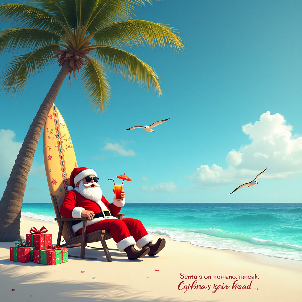 Santa, Feliz Navidad, Beach, and Christmas Card