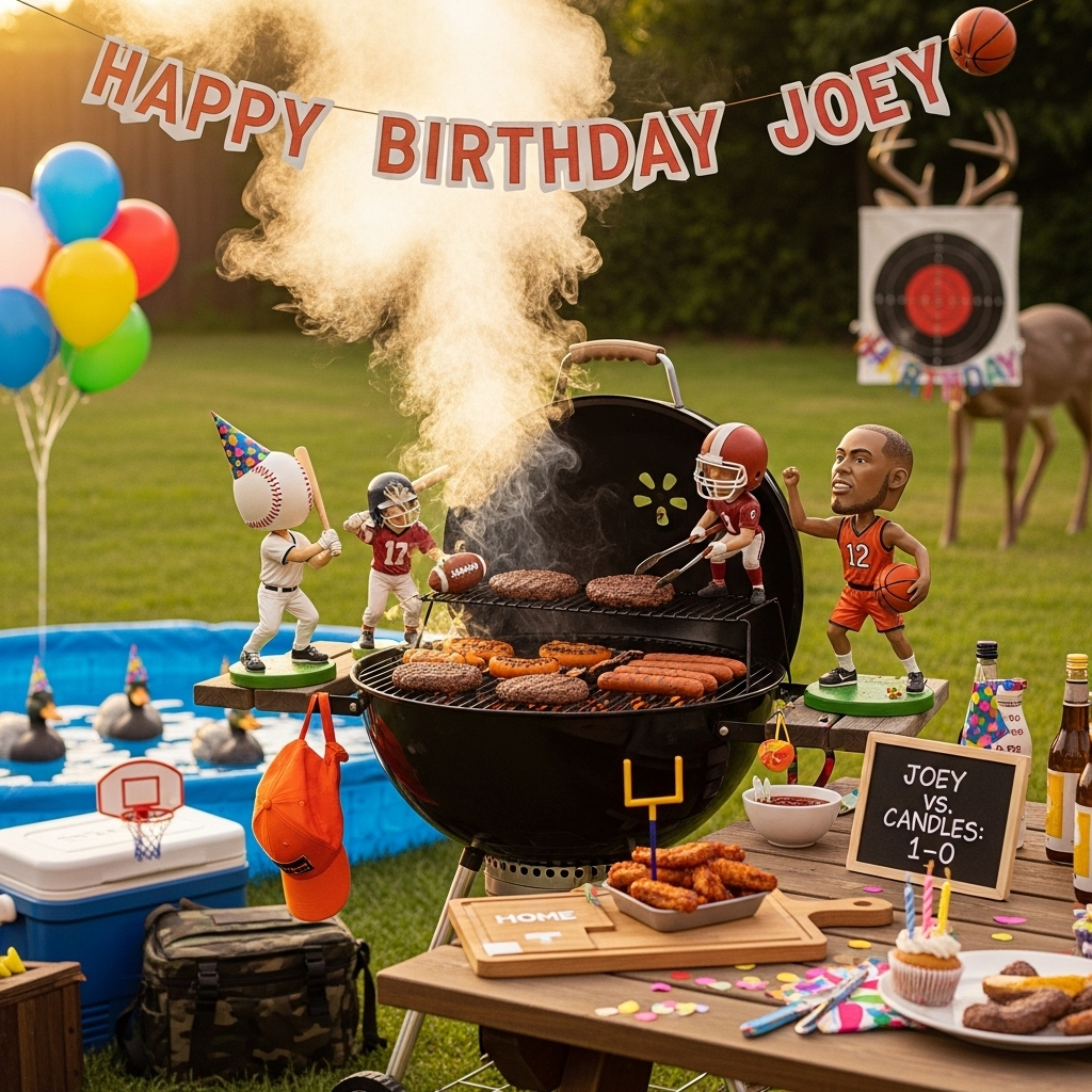 At the top of the Photorealistic picture taken from a camera image, place the text “Happy Birthday Joey” in bold, playful lettering strung across sporty pennant flags.

Ultra-high-definition 4K UHD photograph, funny mood, true-to-life lighting and textures, rich depth of field. Golden-hour backyard BBQ scene: a sizzling charcoal grill front and center with curling smoke, glowing coals, and juicy burgers and dogs. Three realistic bobbleheads—one baseball slugger, one football quarterback, one basketball point guard—perched on the grill’s side shelf and picnic table, their oversized heads wobbling as if coaching the cook. Sports-and-grill mashup details: burger patties seared with subtle patterns hinting at baseball stitching, football laces, and basketball channels; a home-plate cutting board; a tiny yellow goalpost stuck into a tray of wings; a mini hoop clipped to a cooler with a slider mid-air like a dunk. Lighthearted hunting elements (non-violent): duck decoys wearing party hats bobbing in a kiddie pool, a blaze-orange cap hanging from the grill handle, a camo cooler, and a deer target silhouette in the soft-focus background wearing a birthday sash. Birthday accents: balloons, confetti, and a cupcake with candles on the table. Humor cues: the baseball bobblehead “signals” to flip a patty with a bat-shaped salt shaker; the football bobblehead holds tongs like calling a play; the basketball bobblehead aims a slider toward the sauce bowl for a perfect dunk; a small chalkboard “scoreboard” reads “Joey vs. Candles: 1–0.” Natural, accurate color, crisp metals and wood grain, visible smoke wisps; shot on a 50mm lens at f/2.8, eye-level, shallow DOF with creamy bokeh and gentle sun flare. No brand logos.

At the bottom, add a small cheeky caption: “Season opener: License to Grill.”
Generated with these themes: Hunting, bobble heads, baseball, football, basketball, grilling, and .
Made with ❤️ by AI.