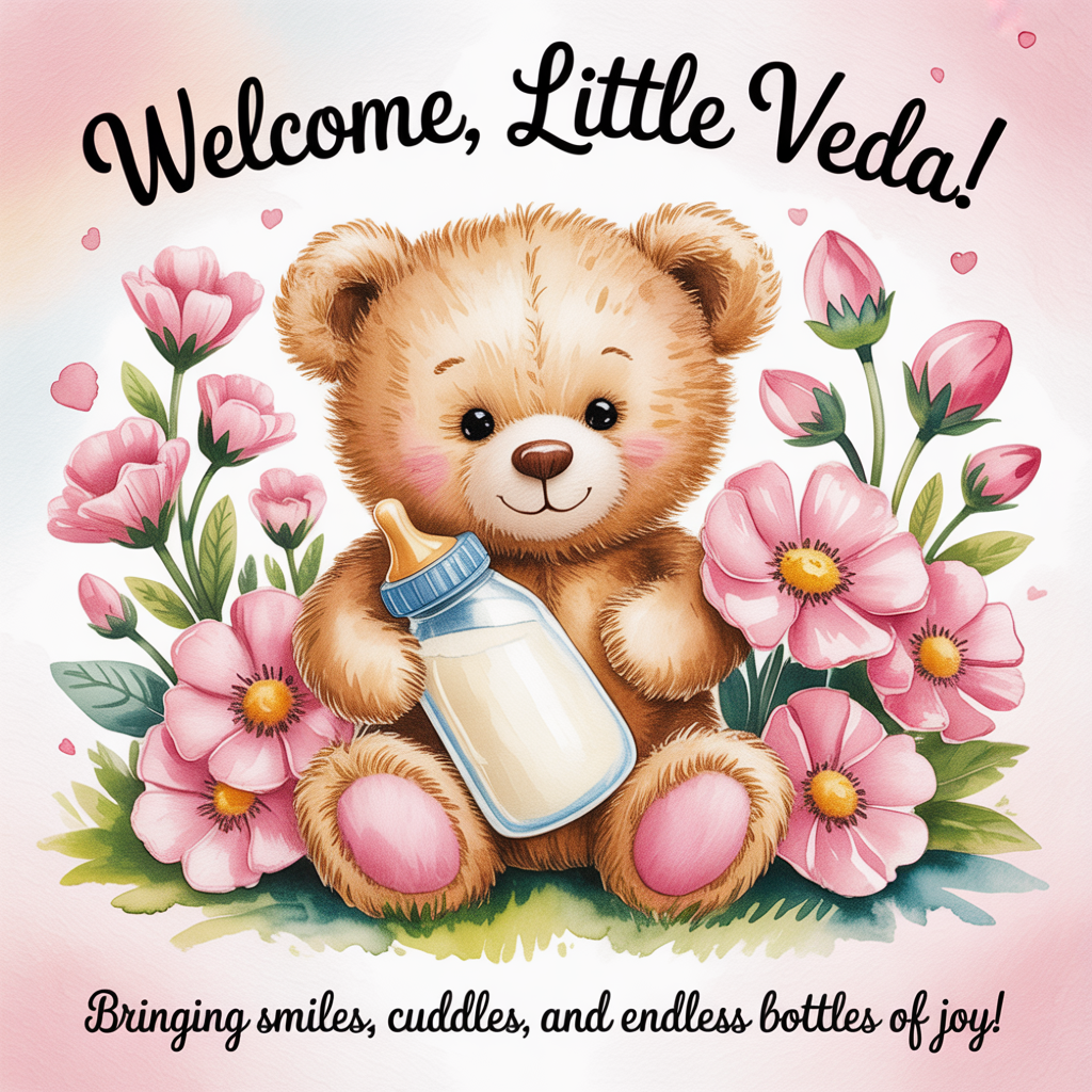 Colours, Teddy, Pink, Flowers, Milk bottle, and New-baby Card