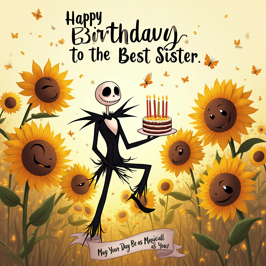At the top of the Illustration Style image, the text reads: "Happy Birthday to the Best Sister."

Imagine a whimsical scene where Jack Skellington is joyously prancing through a field of giant sunflowers. The sunflowers are playfully animated, each with its own unique expression—some smiling, others winking, and a few with oversized sunglasses. Jack, with his characteristic charm, is holding a birthday cake with colorful candles, surrounded by fluttering butterflies and a scattering of floating confetti. The warm hues of yellow and orange from the sunflowers are contrasted with Jack's monochrome attire, creating a harmonious yet playful atmosphere. At the bottom, nestled among the sunflowers, a small banner reads: "May Your Day Be as Bright and Magical as You!"
Generated with these themes: Nightmare before Christmas, sunflowers , and .
Made with ❤️ by AI.