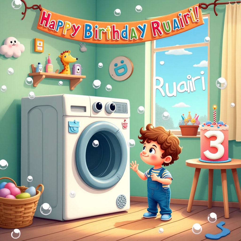 A small 3 year old boy with curly light brown hair gazes lovingly at a washing machine. Birthday Card