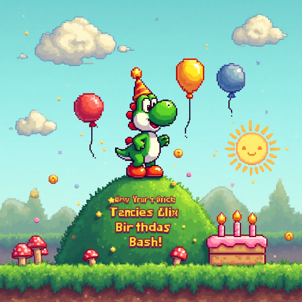 At the top of the Pixel Art Style image, include the text "Happy 5th birthday Nico".

---

Imagine a vibrant pixel art scene set in a whimsical world reminiscent of classic video games. At the center, a cheerful Yoshi stands atop a hill made of colorful, blocky pixels. Yoshi is wearing a festive party hat adorned with small stars, his eyes wide with joy. Around him, pixelated balloons in bright hues of red, blue, and yellow float in the air, adding to the festive atmosphere. 

In the background, a pixelated sun shines down with a happy face, casting a warm glow over the landscape. Small, square clouds drift lazily in the blue sky. Below Yoshi, a pixelated grassy field stretches out, dotted with tiny flowers and a few pixel mushrooms, adding to the charm.

Adding a playful touch, scattered around Yoshi are several pixelated coins with a gleaming golden hue, reminiscent of a classic game quest. A cheerful pixelated birthday cake with five candles sits to Yoshi's side, its frosting in a vibrant, eye-catching shade.

The text "Yoshi's Epic Birthday Bash!" is cleverly integrated into the scene in small pixel letters, adding a fun and celebratory vibe to the card.
Generated with these themes: Yoshi, and .
Made with ❤️ by AI.