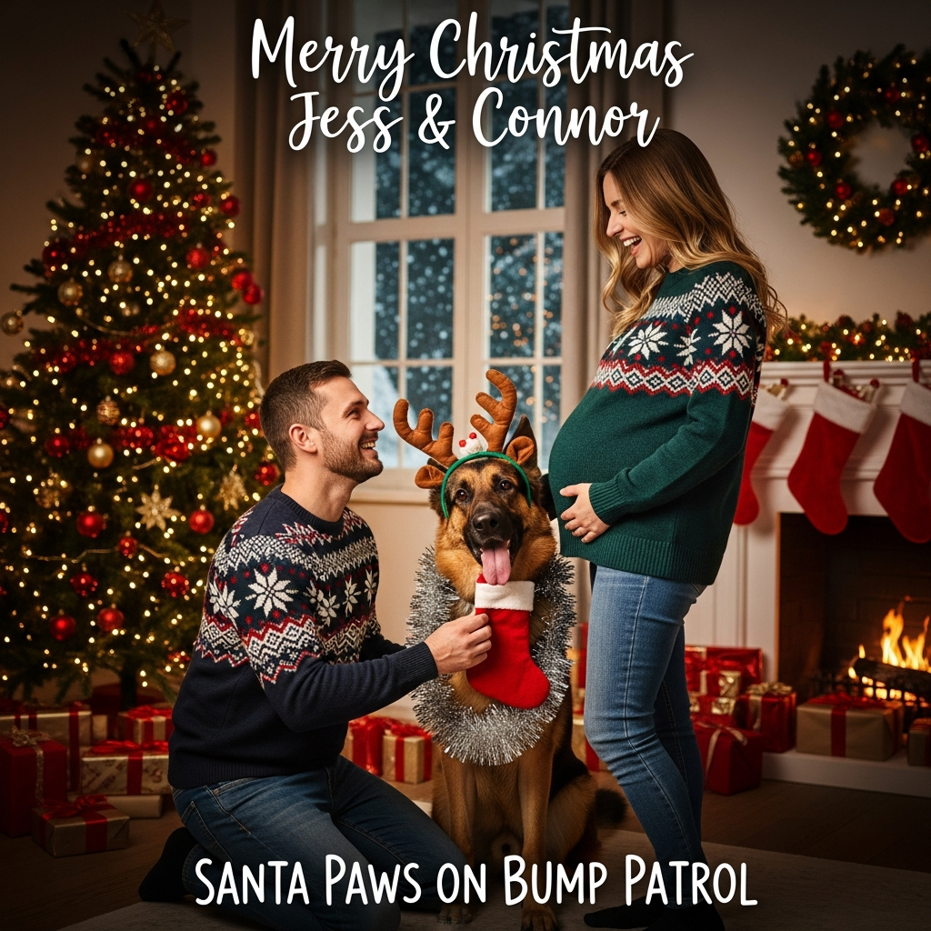 At the top of the Photorealistic picture taken from a camera image, Merry Christmas Jess & Connor

Ultra-high-definition 4K UHD photorealistic scene captured on a full-frame DSLR, 50mm lens, f/2.8, ISO 200, 1/125s; accurate lighting, lifelike textures, and rich depth of field with warm, creamy bokeh. Cozy, festive living room at Christmas: a sparkling tree with warm fairy lights and red-gold ornaments, stockings by a crackling fireplace, wrapped gifts, and a window showing soft snowfall outside.

Foreground: A visibly pregnant woman in a festive knit sweater stands laughing with her partner in matching holiday jumper. Their German Shepherd dog (classic black-and-tan, alert ears) wears goofy reindeer antlers and a loose tinsel “scarf,” gently resting its head against her baby bump with tongue slightly out, playful and protective. The partner kneels, holding a tiny red stocking near the bump; the dog eyes it mischievously, adding a funny, candid vibe. Rich fur detail, natural skin tones, real fabric texture; subtle pine needles and ribbon fibers visible.

Composition and mood: Rule-of-thirds framing at eye level, tack-sharp subjects with softly blurred background; warm, inviting color grade (deep greens, rich reds, soft golds); authentic shadows and highlights from tree lights and window glow, capturing a genuine, joyful, slightly cheeky holiday moment.

Top text styling: the line “Merry Christmas Jess & Connor” in warm white hand-lettered script with a soft drop shadow for readability over the lights.

At the bottom of the Photorealistic picture taken from a camera image, Santa Paws on Bump Patrol
Generated with these themes: Pregnant women , Partner , Germany shepherd dog, and .
Made with ❤️ by AI.