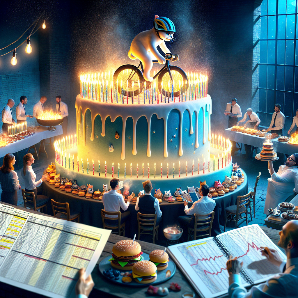 Imagine a meticulously arranged birthday scene, with a gigantic cake as the centerpiece. This cake glows under the flickering candles, creating an almost mystical aura. On the cake is a fondant cat crafted with precision, wearing a helmet and pedaling a tiny bike, giving off a sensation of being on the brink of an exciting bicycle race around the cake tiers. The party attendees are an eclectic mix of individuals dressed in business casual and cycling wear, holding spreadsheets explaining the intricacies of the race scoring system. Simultaneously, a nearby grill cooks an assortment of burgers, each topped with ketchup drizzled artistically to imitate finish lines, bridging the gap between the mundane and the magical.
Generated with these themes: Cat riding bike wearing helmet, Ketchup, Birthday cake, Cycling race, Spreadsheets, and Burger.
Made with ❤️ by AI.