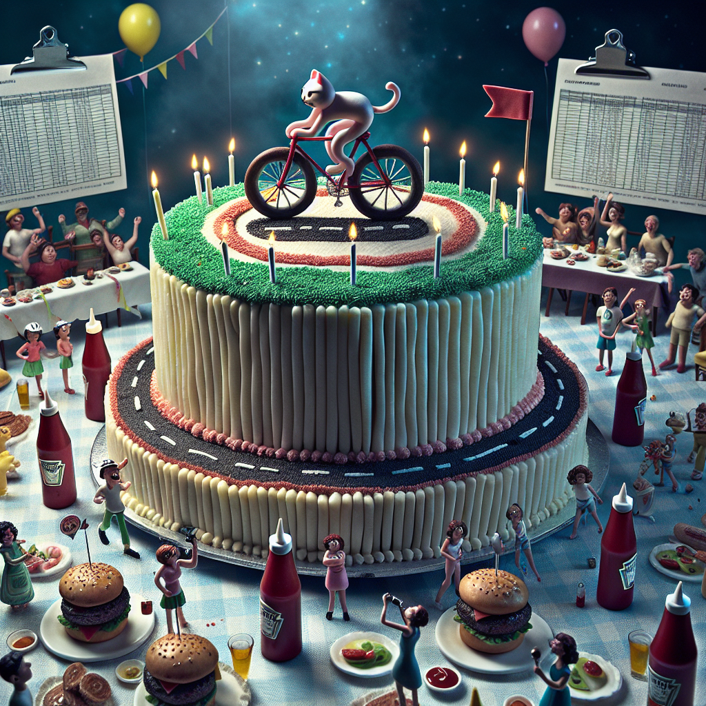 A birthday cake stands majestically in a dreamlike party setting. This cake features layers depicting a bicycle race, all crafted meticulously from icing. Atop the cake sits a candy cat, complete with a mini helmet, riding a miniature bicycle with a certain whimsy. Spectators at this unique race are made up of ketchup bottles, cleverly repurposed. Guests at the party mingle around holding spreadsheets that also work as guides to the party. Near the scene, a grill cooks up burgers which are humorously marked with the silhouette of a ketchup bottle, epitomizing a fantastical yet realistic celebration.
Generated with these themes: Cat riding bike wearing helmet, Ketchup, Birthday cake, Cycling race, Spreadsheets, and Burger.
Made with ❤️ by AI.