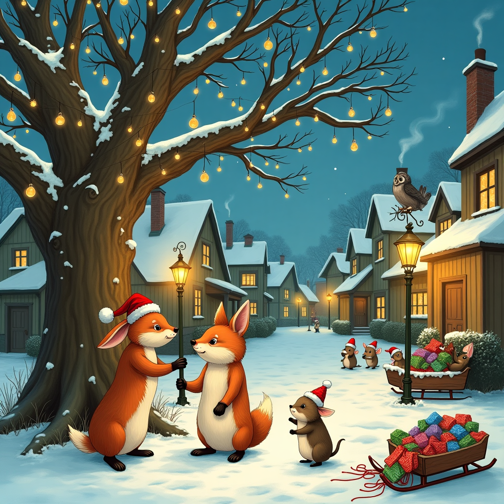 In this Christmas card illustration, we are transported to a quaint, cobblestone village square blanketed by a fresh layer of snow, glistening under the soft glow of vintage streetlamps. In the center of the scene stands a large, gnarled oak tree, its branches heavy with snow and adorned with strings of golden fairy lights that twinkle like stars in the night sky. Gathered around the tree, a group of anthropomorphic animals engage in a quiet celebration. A dignified rabbit, reminiscent of Beatrix Potter's creatures, stands upright, wearing a tiny, plush Santa hat tipped jauntily to one side. Beside it, a fox with a hint of mischief in its eyes, dons a cap made of deep red velvet, trimmed with white fur. The fox is placing an ornament on one of the lower branches, a nod to N.C. Wyeth's storytelling charm.

In the background, a group of mice, inspired by Quentin Blake's whimsical touch, scuttle about in tiny hats of varying colors—each uniquely patterned, resembling patchwork quilts. They carry small parcels wrapped in vivid paper, their tails leaving delicate trails in the snow. To the right, a stately owl perched on a lamp post observes the scene with wise eyes, a small, pointed hat perched upon its head, echoing the intricate detailing of Arthur Rackham's illustrations.

The rooftops of the village are capped with snow, and smoke lazily curls from the chimneys, reminiscent of Maxfield Parrish’s serene landscapes. Each window glows warmly, hinting at the cozy interiors within. In the foreground, a wooden sleigh rests, its runners half-buried in snow, with a pile of colorful Christmas hats spilling out, waiting to be donned by the festive crowd.

The scene is detailed and bustling, yet serene, echoing the styles of the inspirational artists without losing its own unique touch. This card tells the quiet story of a winter evening filled with camaraderie and understated celebration, set against the enchanting backdrop of a whimsical animal village.
Generated with these themes: Christmas hats.
Made with ❤️ by AI.