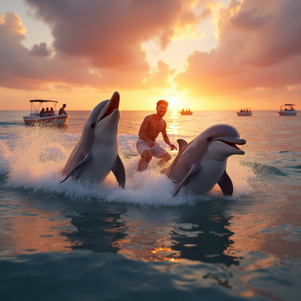 Man skiing on the back of two dolphins , Boats, sunset, and Thank-you Card