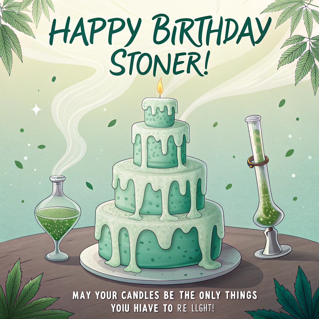 At the top of the Surreal Style image, "Happy birthday stoner!"

At the bottom of the image, "May your candles be the only things you have to re-light."

Center a dreamlike, Dali-inspired scene: a towering birthday cake of translucent emerald glass that morphs into a whimsical bong, its tiers sagging like melting clocks. Weed‑green frosting drips into shimmering puddles that blossom into cannabis-leaf shapes across a mirror-smooth frosting desert. A tiny chrome lighter serves as the candle; its flame exhales pearly smoke curling into leaf-shaped clouds and balloon-like puffs wearing tiny party hats. Orbiting cupcakes with leaf sprinkles circle the cake like moons; a caramel river carries rolling-paper boats past brownie boulders. In the distance, a sleepy crescent moon lounges on a sofa made of chocolate cake, grinning lazily. Ethereal lighting, soft bloom, mint-and-lavender palette, elongated surreal shadows, painterly textures, dope, funny, celebratory energy.
Generated with these themes: Weed, Dope, Canabis, Cake, and .
Made with ❤️ by AI.
