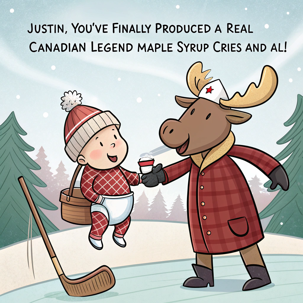 At the top of the image, "Justin, you've finally produced a real Canadian legend—maple syrup cries and all!"

- Create a cheerful, funny illustration in cartoon style featuring a tiny, swaddled baby wearing a red plaid onesie and a mini toque (Canadian winter hat), being gently delivered by a friendly moose dressed like a midwife.  
- The moose is wearing a nurse's hat and holding a tiny diaper bag marked with a maple leaf.
- In the background, include snow-capped pines, a baby-sized hockey stick propped in the snow, and a welcome banner that reads "Eh! Baby On Board!"  
- A beaver nearby looks astonished, holding a bottle of baby formula labeled "100% Maple".
Generated with these themes: Canadian.
Made with ❤️ by AI.