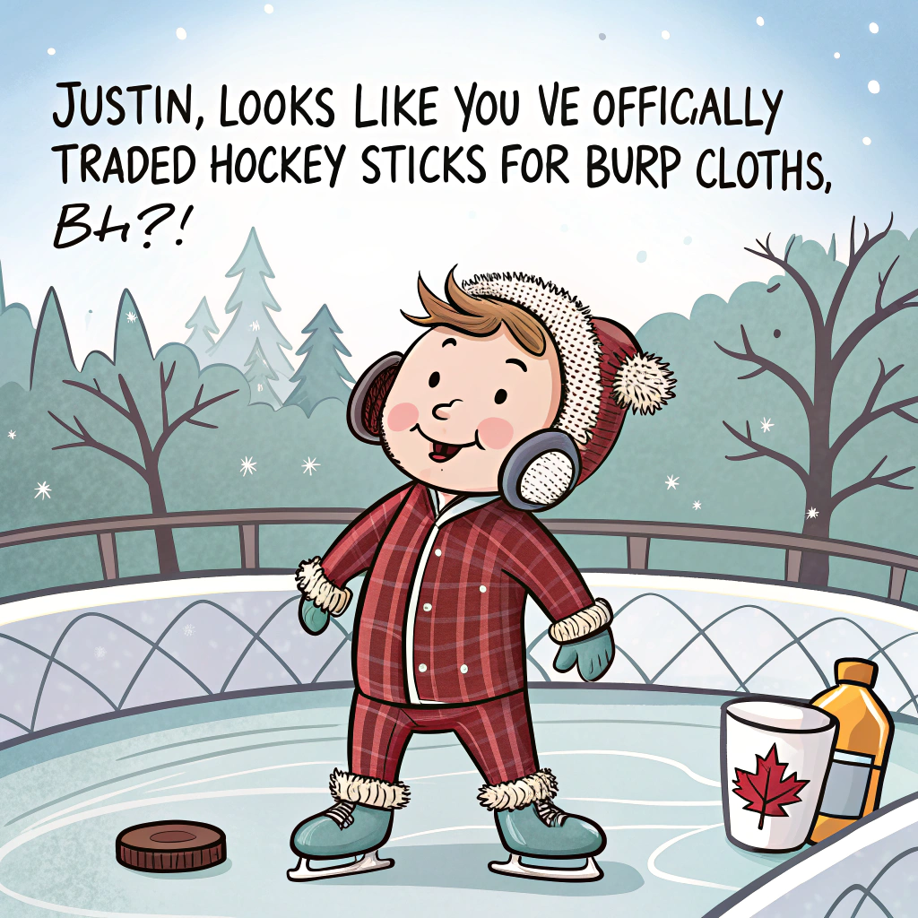 At the top of the image, "Justin, looks like you’ve officially traded hockey sticks for burp cloths, eh?!"

- Illustrate a playful, cartoon-style Canadian winter scene: A smiling, sleep-deprived Justin wearing a red plaid onesie and fuzzy moose slippers, standing on an icy backyard rink. In one hand, he holds a diaper instead of a hockey puck, and in the other, a baby bottle stuck inside a maple syrup can.  
- Behind him, a laughing moose pushes a stroller while wearing earmuffs.  
- Snow gently falls, and baby booties dangle from a goal post.  
- Include small fun details like tiny beavers tossing baby toys from a snowbank, and a Mountie scratching his head in amused confusion.
Generated with these themes: Canadian.
Made with ❤️ by AI.