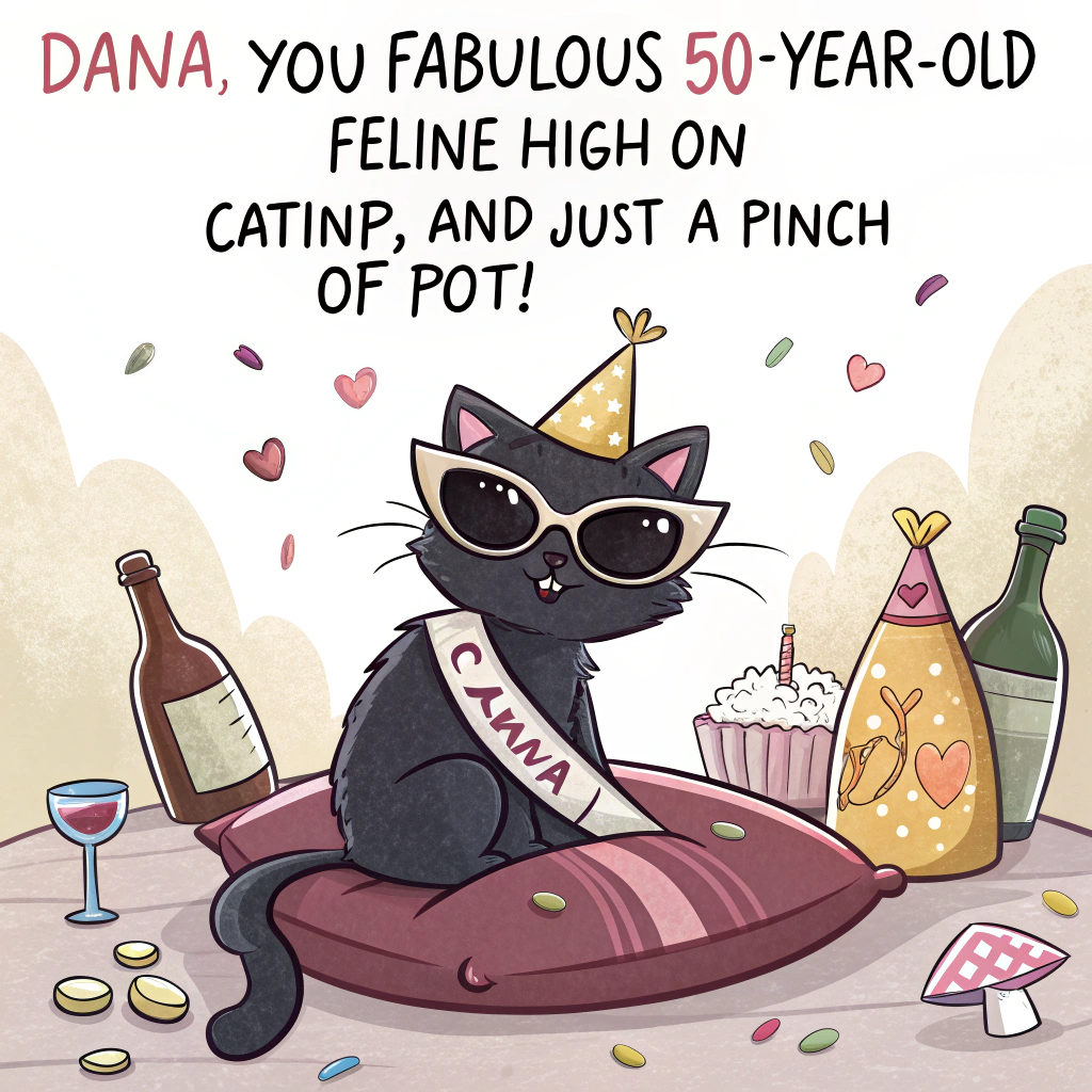 At the top of the image, "Dana, you fabulous 50-year-old feline – high on catnip, kindness, and just a pinch of pot!" 

- In the center of the image, illustrate a hilariously adorable cartoon scene of a sleek black cat with half-lidded eyes and a goofy grin, lounging on a velvet pillow surrounded by spilled bottles of fancy wine, a scattered bag of catnip leaves, and a glittery birthday crown that’s fallen askew.  
- The cat should be wearing heart-shaped sunglasses and a sash that reads "50 & Furrbulous."
- Around the cat are little party animals: a giggly sloth in a party hat holding a cupcake, a mouse tangled in streamer ribbons, and a rainbow bong-turned-vase with daisies sticking out of it.
- A warm, colorful glow in the background should hint at a wild but cozy living room celebration with confetti in the air and a giant number "50" balloon tangled in the chandelier.  
- The vibe is cheeky, sweet, stoned, and stylish — just like Dana!
Generated with these themes: 50th birthday, kind, caring, funny, black cat, weed, catnip, alcohol, marijuana, fun, crazy, black cat, wonderful woman.
Made with ❤️ by AI.