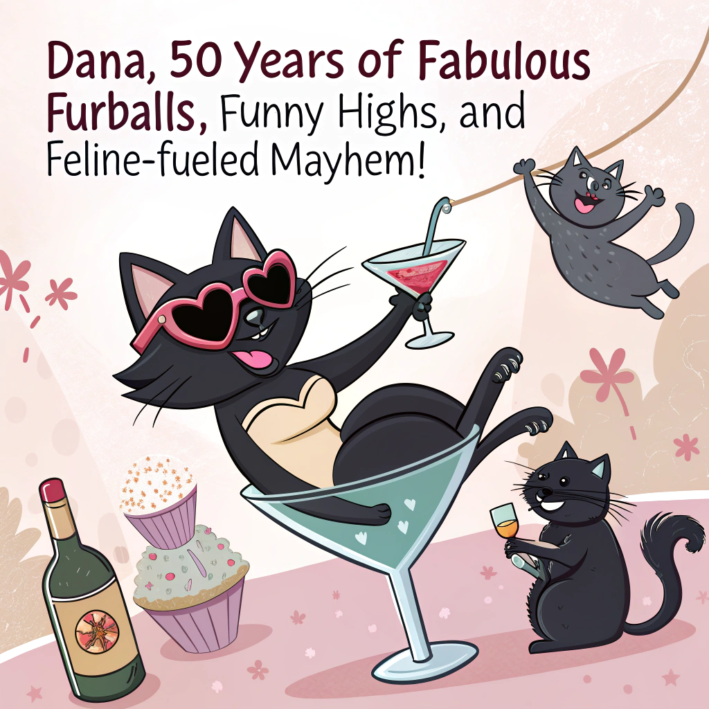 At the top of the image, "Dana, 50 years of fabulous furballs, funny highs, and feline-fueled mayhem!"

– In the center of the image, illustrate a delightfully chaotic cartoon scene with a glamorous black cat wearing heart-shaped sunglasses, lounging in a martini glass filled with catnip and holding a tiny joint in one paw.  

– Dana is depicted as a fun, stylish, slightly wild cartoon woman dancing with a bottle of wine in one hand and a cupcake in the other, while giggling black cats swing from balloons overhead.  

– One cat wears a birthday hat and surfs a giant rolling paper, another peeks out from a cake decorated with tiny weed leaves, while confetti rains down and disco lights sparkle in the background.  

– The vibe is playful, colorful, slightly cheeky, and irresistibly cute, capturing Dana's wonderfully wacky spirit at 50.
Generated with these themes: 50th birthday, kind, caring, funny, black cat, weed, catnip, alcohol, marijuana, fun, crazy, black cat, wonderful woman.
Made with ❤️ by AI.