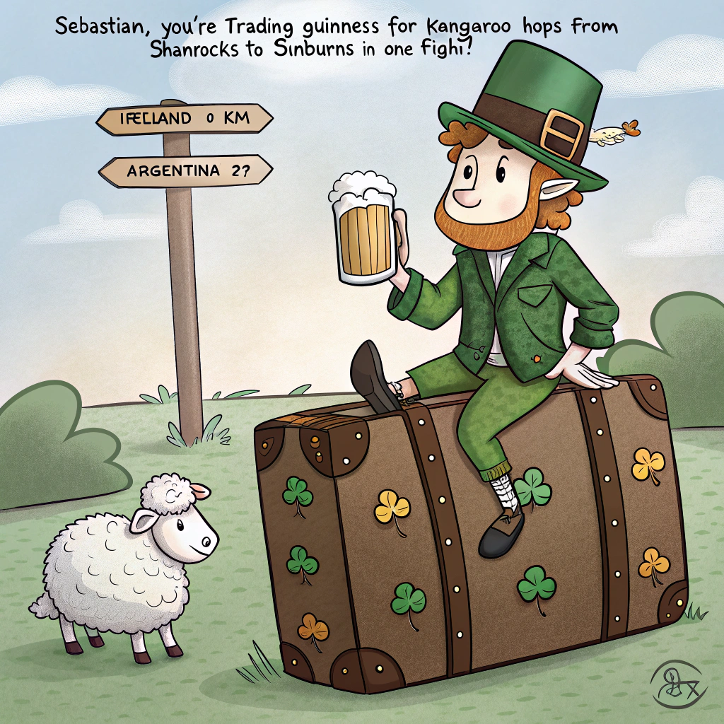Leaving Ireland, Irish map, Irish flag, Moving to Australia, Australian map, Australian flag, Drinking Guinness beer, Signpost with Ireland, Argentina and Australia, Farewell, and Farewell Card
