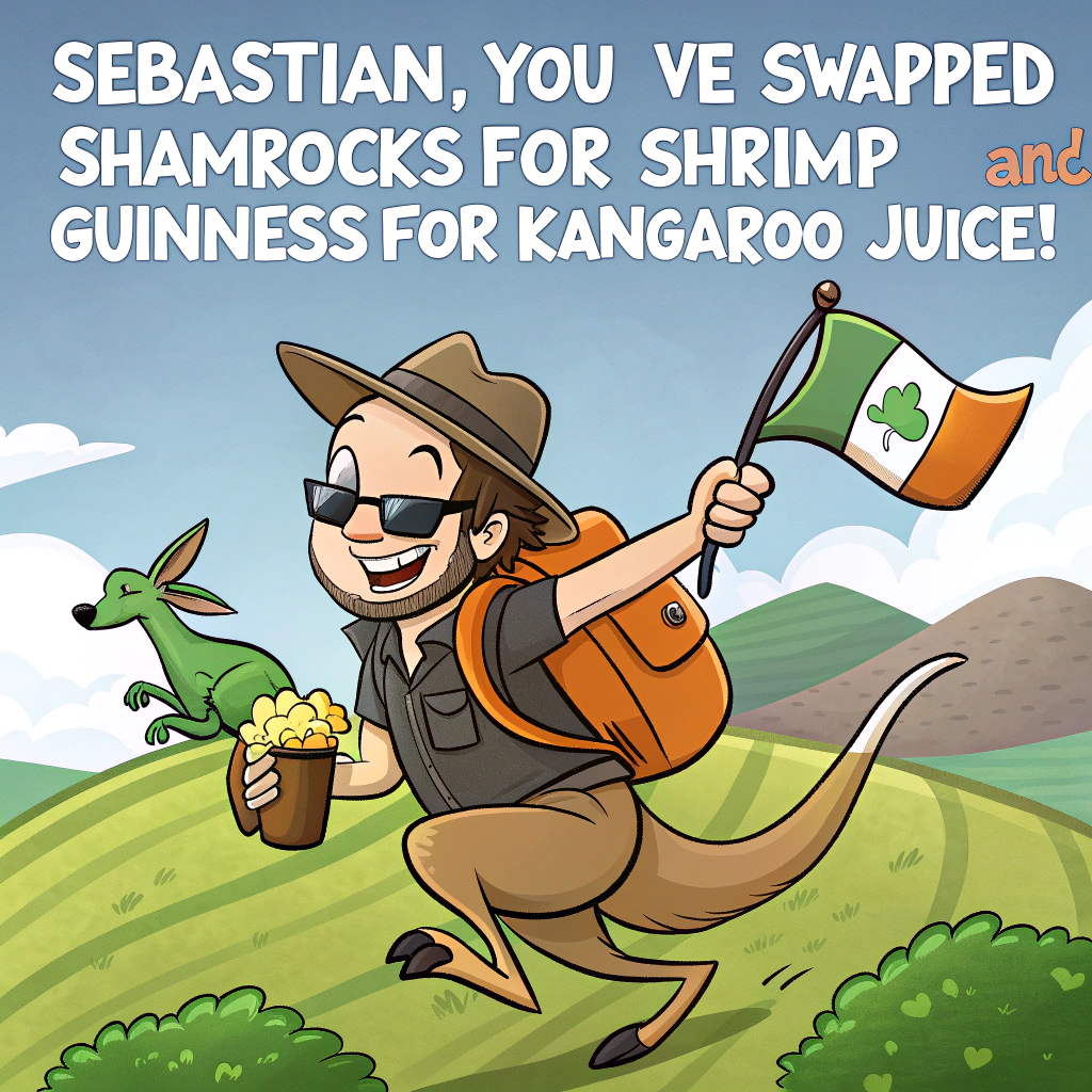 At the top of the image, "Sebastian, you’ve swapped shamrocks for shrimp – and Guinness for kangaroo juice!"

- In the center of the cartoon image, illustrate Sebastian (with a big cheeky grin and an exaggerated backpack) riding a hopping kangaroo that’s wearing sunglasses and holding an Australian flag. Sebastian is clinging to a giant pint of Guinness like a cowboy clutching his hat.

- Behind him, a whimsical cartoon-style map of Ireland with green rolling hills, sheep waving little goodbye flags, and the Irish flag flapping sadly in the breeze.

- To the right, a cartoon map of Australia glowing with sunshine, koalas clapping, and a surfboard sticking out of a beach bar serving Guinness (poorly).

- In the foreground, a wooden signpost pointing in three directions:
  - "Ireland – 17,000 km 🍀"
  - "Argentina – Still Confused Why This Is Here"
  - "Australia – 0 km 🦘🍻"

- At the bottom of the image, add the line: "Goodbye, you Celtic kangaroo! May your new adventure be wilder than a leprechaun in flip-flops!"
Generated with these themes: Leaving Ireland, Irish map, Irish flag, Moving to Australia, Australian map, Australian flag, Drinking Guinness beer, Signpost with Ireland, Argentina and Australia, Farewell, and .
Made with ❤️ by AI.