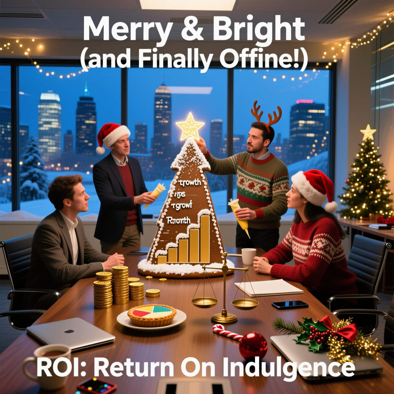 At the top of the Photorealistic picture taken from a camera image, "Merry & Bright (and Finally Offline!)"

At the bottom of the image, "ROI: Return On Indulgence"

Ultra-high-definition 4K UHD, photorealistic, real camera aesthetic. Modern glass-walled boardroom at night transformed into a festive workshop. Through the windows, a snowy city skyline glows with blue hour light; inside, warm tungsten office lighting and twinkling fairy lights create soft golden bokeh. A diverse team of five consultants in smart-casual holiday attire (blazers over quirky sweaters, Santa hats, reindeer antlers) collaborates around a polished walnut conference table.

Centerpiece: a towering gingerbread “growth chart” shaped like an upward arrow, frosted and dusted with powdered-sugar “snow.” One teammate on a safe step places a glowing star at the tip while others steady the base and pass icing bags, showing true teamwork. On the table: stacks of gold-foil chocolate coins arranged into a crisp bar chart; a mince pie “pie chart” with a neat slice removed; a brass balance scale gently weighing a red bauble against a thick ledger; a candy cane “trend line” draped over a small cedar desk tree. Closed laptops are tied with tinsel and bows, smartphones face down under sprigs of holly to reinforce “offline.” Mugs of hot cocoa steam in the foreground. Sticky notes in green and gold form a Christmas tree on the glass wall, topped with a paperclip star. Outside, the faint silhouette of Santa’s sleigh crosses the snowy skyline.

Camera: full-frame look, 35mm lens at f/2 for shallow depth of field; eye-level, slightly off-center for a candid, documentary feel. Lifelike textures pop—knit weaves, sugar crystals, polished wood grain, glass reflections, and soft snow outside. Accurate lighting, natural skin tones, rich depth of field with creamy bokeh. Clean negative space above the team reserved for the headline; a subtle vignette and table reflection give contrast for the bottom punch line.

Text styling: headline large, crisp white, bold sans-serif with a soft gold glow and gentle drop shadow over the blurred skyline; punch line smaller with a tasteful gold-foil effect centered near the bottom over the dark wood. Funny, clever mood celebrating finance, business consulting, and teamwork with festive charm.
Generated with these themes: Finance, Business Consulting, Teamwork, and .
Made with ❤️ by AI.