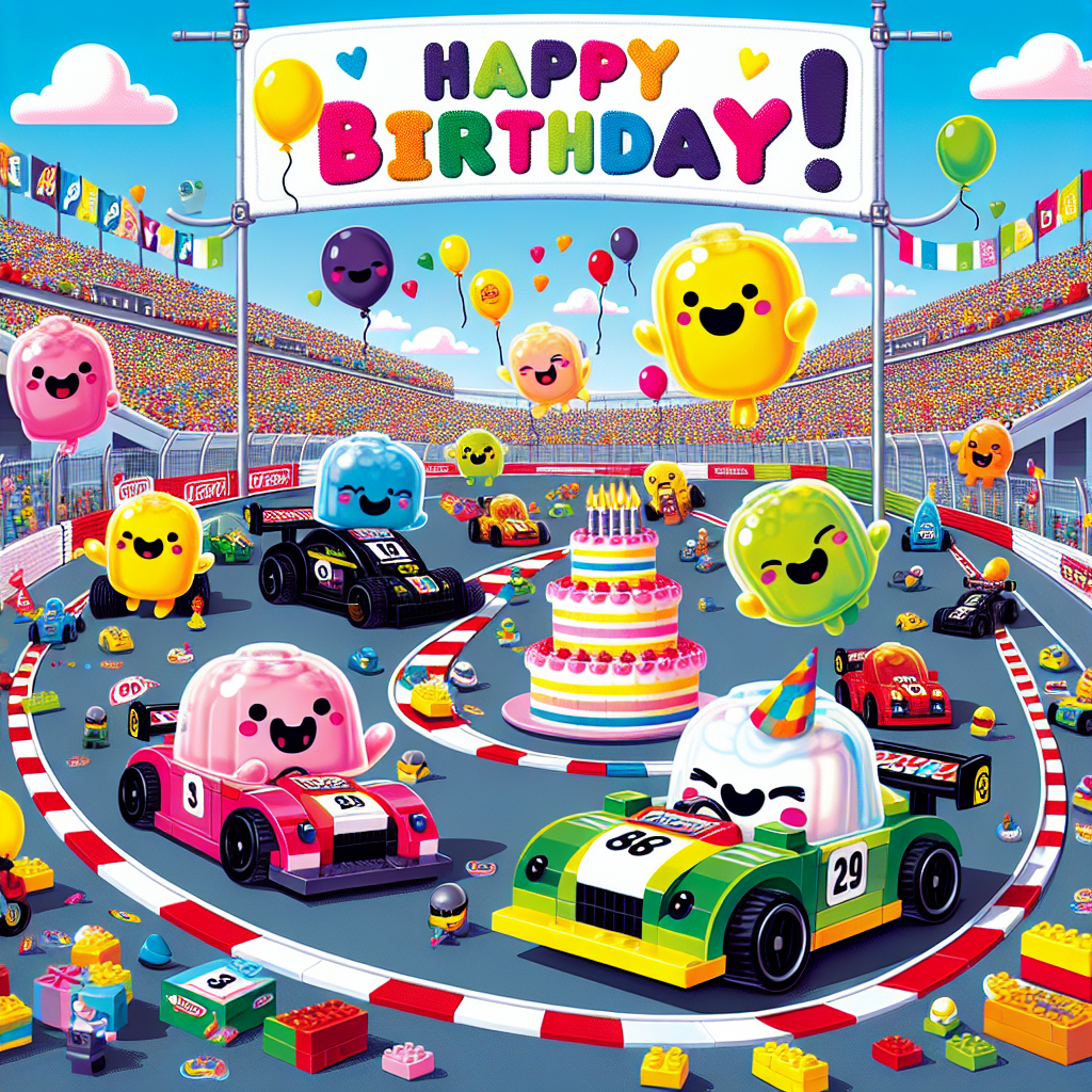 Motor racing, Jelly cats, and Lego Birthday Card