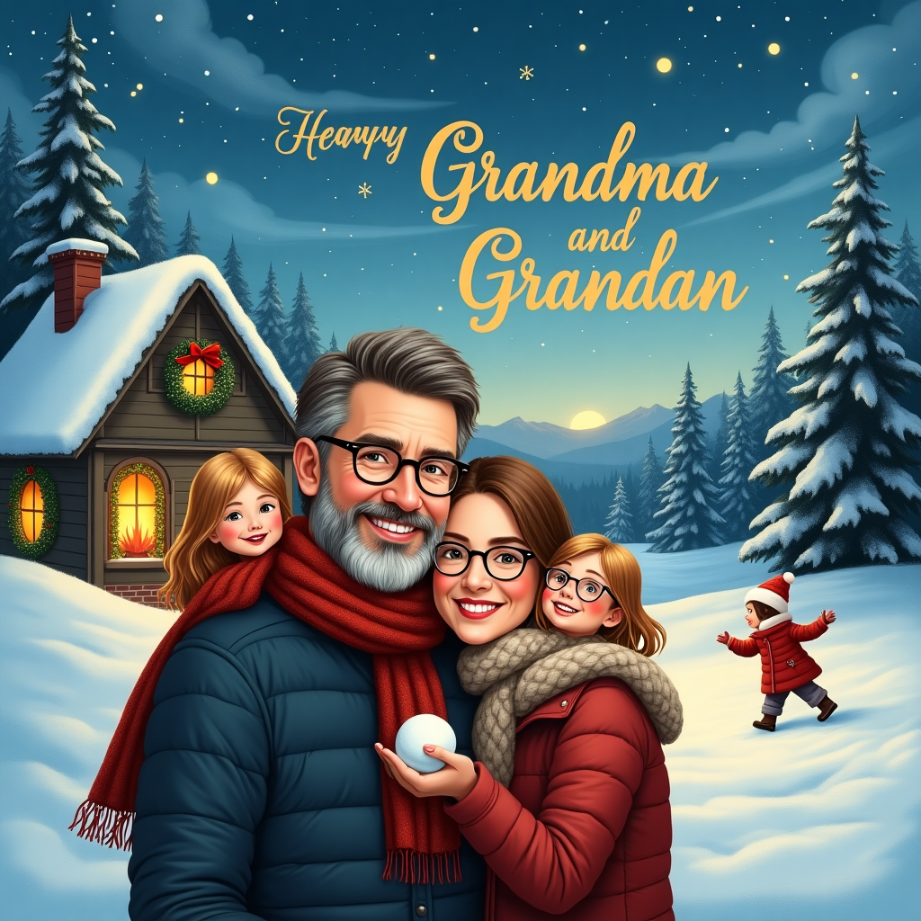 In a snow-kissed wonderland, under a twilight sky dusted with stars, a heartwarming scene unfolds, perfect for a Christmas greeting card. In the foreground, a loving couple in their late 40s stands close together, exuding warmth and togetherness. The man, with a kind smile, has brown hair peppered with hints of silver, and wears classic round glasses that catch the twinkle of the festive lights. His partner, equally youthful and vibrant, sports shoulder-length brown hair, flowing softly beneath a cozy, knitted scarf. Nestled beside them, two charming blonde-haired girls add an element of playful delight to the scene. One of the girls, with glasses perched adorably on her nose, holds a snowball ready for a friendly snowball fight, while her twin sister giggles, her cheeks rosy from the cold.

Behind them, a quaint, cozy cottage glows with the warm light of a fireplace, and the windows are festooned with wreaths and twinkling fairy lights. In the distance, snow-laden pine trees stand tall, their branches swaying gently with the winter breeze. The sky above is a canvas of soft indigo, adorned with clouds that curl and twist artistically. Magically woven into these clouds are the words "Grandma and Grandan" as if painted by a mischievous snow elf, making it seem as though the very heavens themselves are sending a loving greeting.

This enchanting scene captures the essence of family and festive cheer, drawing on the illustrative influences of classic artists to create a tableau of timeless joy and beauty.
Generated with these themes: A couple, with brown hair in their late 40s, the man wearing glasses, and Two girls aged 7 next to them both girls are blonde, one girl has glasses..
Made with ❤️ by AI.