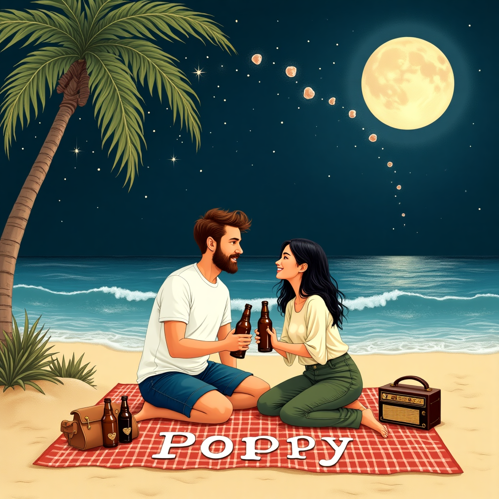 The front cover of the Valentine's Day greeting card features a whimsical, hand-drawn illustration set on a serene beach at night. This detailed scene captures a young English male, characterized by his short brown beard, wearing a simple white t-shirt and casual navy shorts. He sits comfortably on the sand, gazing into the eyes of his companion, an Asian female dressed in stylish olive green trousers and a relaxed cream blouse.

They are seated side by side on a large, checked picnic blanket with a vibrant mix of reds, oranges, and yellows, suggesting warmth and coziness. Both hold frosty bottles of beer in their hands, the labels artistically illustrated with tiny heart motifs. The intricate details of the bottles reflect the moonlight, adding a gentle shimmer.

Behind them, the moon hangs low and full in the inky night sky, casting a silver glow over the calm ocean waves that gently lap the shore. The waves are drawn with fine lines reminiscent of Gustave Doré's intricate engravings, creating a mesmerizing pattern of light and shadow on the water.

To the side of the couple, a small vintage-style radio sits on the sand, playing softly. Its worn leather casing and brass details echo the nostalgic charm found in Norman Rockwell's Americana.

A sandy message reads "Poppy" in large, playful letters, crafted from smooth, iridescent seashells, each glowing faintly under the moonlight. These letters arch whimsically across the top of the scene, reminiscent of Beatrix Potter's tender touch.

Above the couple, a canopy of twinkling stars fills the night sky, with constellations carefully depicted in a style similar to Arthur Rackham's ethereal and detailed lines. The stars are interconnected with delicate, swirling lines, forming a heart above the couple—a subtle nod to the card's romantic theme.

On the edge of the illustration, a palm tree stretches into the frame, its leaves drawn with an expressive flourish akin to Aubrey Beardsley's work, adding a sense of dynamic movement.

In the midst of this scene, the Asian female is captured in the act of asking a question, her lips parting slightly, with her eyes keenly focused on her partner. The artist should note the positioning of her hands—one holding the beer, the other gently gesturing as if emphasizing her query.

Overall, the scene is rich with texture and detail, inviting the viewer to explore each element while encapsulating a charming, idyllic moment shared between two people on a Valentine's night by the sea.
Generated with these themes: Young english male in tshirt and shorts with short brown beard and asian female in trousers sitting on beach at night drinking beer looking into each others eyes, and Female is asking question.
Made with ❤️ by AI.