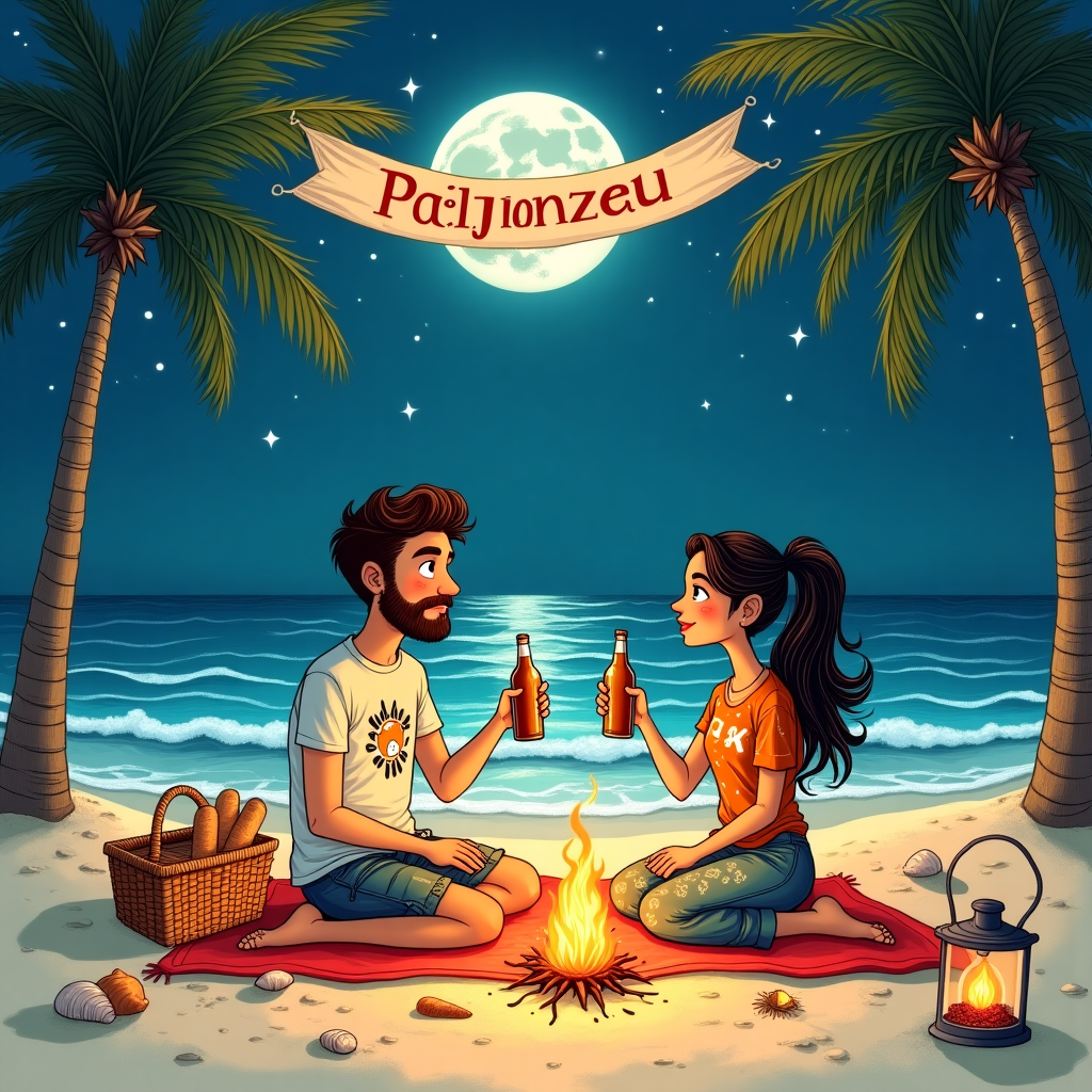 Young english male in tshirt and shorts with short brown beard and asian female in trousers sitting on beach at night drinking beer looking into each others eyes, and Female is asking question Valentines-day Card