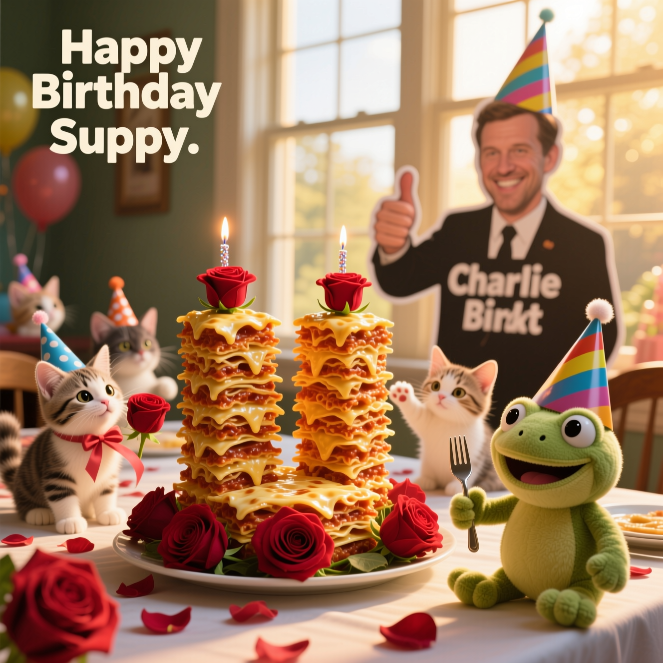 At the top of the Photorealistic picture taken from a camera image, Happy Birthday Suppy

Ultra-high-definition 4K UHD photograph with accurate lighting, lifelike textures, and rich depth of field. Scene: a sunlit party table near a large window with warm golden-hour glow. Centerpiece: two tall, perfectly stacked lasagna “twin towers,” squared and straight like playful mini skyscrapers, with golden bubbly cheese and crisp edges, each crowned with a tiny rose and a sparkling birthday candle. Around the base, lush red roses and scattered petals for a romantic-meets-ridiculous vibe. Several adorable kittens in tiny party hats: one pawing a ribbon, one sniffing a rose, one stretching a paw toward a corner of lasagna, whiskers catching the light. Foreground right: a photorealistic plush Pepe the Frog in a cone party hat, holding a tiny fork and eyeing the lasagna with a cheeky grin. Background (soft bokeh): a life-size cardboard cutout of Charlie Kirk in a colorful party hat giving a big thumbs-up—friendly, lighthearted cameo with no political signage. Shot on a DSLR with a 50mm prime at f/1.8 for a shallow depth of field and creamy bokeh; tack-sharp focus on the lasagna towers and nearest kittens; natural color grading, soft shadows, vibrant but true-to-life colors, high dynamic range, crisp detail on pasta layers, fur, rose petals, and plush fabric stitching.

Add a small caption at the bottom in a playful handwritten style: “Have a pawsitively towering birthday!”
Generated with these themes: Kittens, Charlie Kirk, Twin towers, Roses, Lasagna, Pepe the Frog, and .
Made with ❤️ by AI.