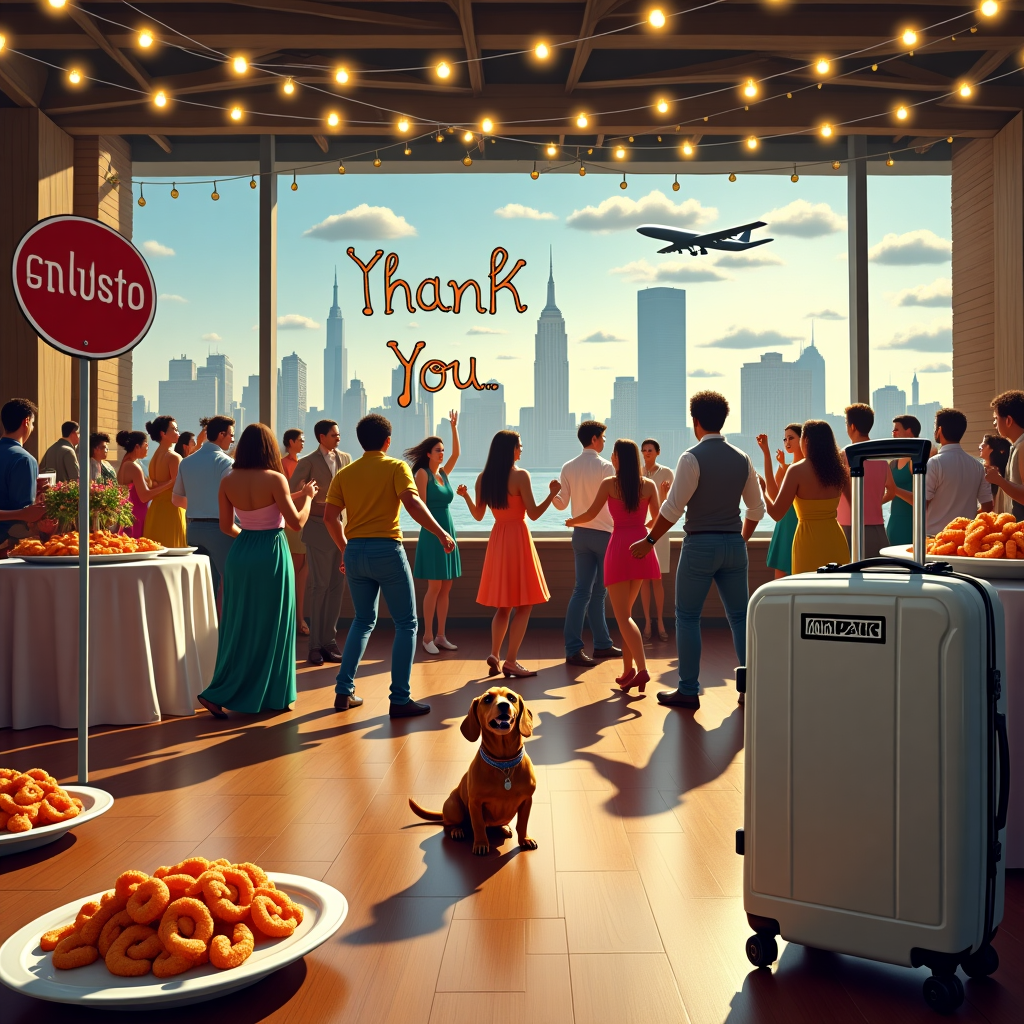 Prominent Road closed sign, Racially diverse crowd dancing on wooden dance floor, Huge skinny oval white ceramic platters of fried shrimp, New York Skyline, Indoor rustic but elegant wooden reception room with strand lights, Brown dachshund, Enormous light gray rolling suitcase, and An Uber sticker Thank-you Card