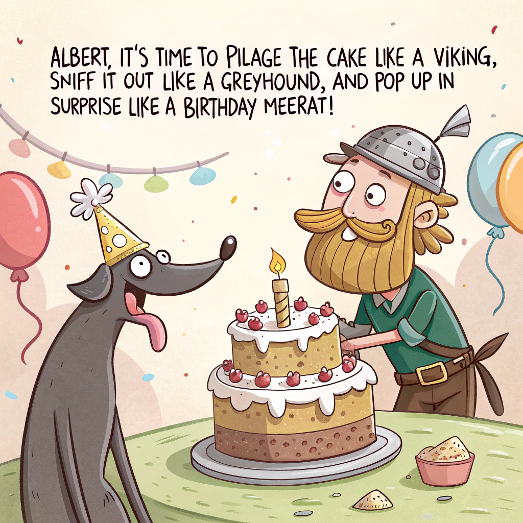 At the top of the image, "Albert, it’s time to pillage the cake like a Viking, sniff it out like a Greyhound, and pop up in surprise like a birthday Meerkat!"

- In the center of the image, create a hilarious cartoon scene featuring:
  - A burly Viking wearing a horned helmet, clutching a comically oversized birthday cake instead of an axe.
  - Next to him, a sleek, excited Greyhound wearing a party hat and sniffing around like it’s tracking the cake’s scent.
  - A cheeky Meerkat wearing miniature chainmail, springing up from a barrel marked “Ye Olde Snacks,” holding a sparkler like it’s a mighty sword.
  - The setting is a Nordic village with party balloons, shields, and banners that read “Happy Birthday!” written in old Norse runes.

- Add bright, exaggerated cartoon expressions to emphasize chaos, surprise, and cake-induced joy.
Generated with these themes: VIKING, MEERKAT, and GREYHOUND.
Made with ❤️ by AI.