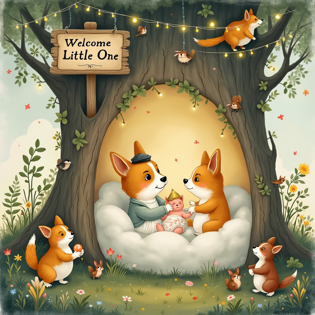 Picture this: The front cover of the new-baby greetings card is a delightful, enchanting scene set in a whimsical woodland, reminiscent of Maurice Sendak’s dreamscapes with a touch of Norman Rockwell's heartwarming realism. At the center of the scene is a cozy, hollowed-out tree trunk, which serves as the nursery for a newborn baby, cradled in a soft, fluffy cloud-like bed, inspired by Maxfield Parrish’s ethereal quality.

Perched around this magical nursery are tri-colored corgis, depicted with their expressive faces and perky ears. One corgi is standing on its hind legs, gently placing a pacifier into the baby's hand, reminiscent of Beatrix Potter’s anthropomorphic animal charm. Another corgi, donning a tiny Peter Pan hat, sits nearby reading from a storybook that features Disney’s castle on the cover, a nod to the fantasy element and Disney's storytelling. 

Above, suspended in the branches of the tree, are delicate, glistening fairy lights twinkling like the stars in Gustave Doré's celestial illustrations. Tiny woodland creatures such as birds, rabbits, and squirrels gather around, looking on with curiosity and joy, their eyes wide in Quentin Blake’s distinctive sketchy style. 

The backdrop is filled with lush greenery, flowers in bloom, and a soft watercolor sky, echoing Arthur Rackham's detailed backgrounds and N.C. Wyeth’s rich, vibrant hues. A small signpost, artistically designed in an Aubrey Beardsley-esque intricate style, stands next to the tree nursery, reading "Welcome Little One" in elegant, swirling calligraphy.

Every element in the scene is thoughtfully placed to tell a heartwarming story of new beginnings, celebrating the arrival of a new baby with a touch of magic, fantasy, and endless charm.
Generated with these themes: Tri-coloured corgi, and Disney.
Made with ❤️ by AI.