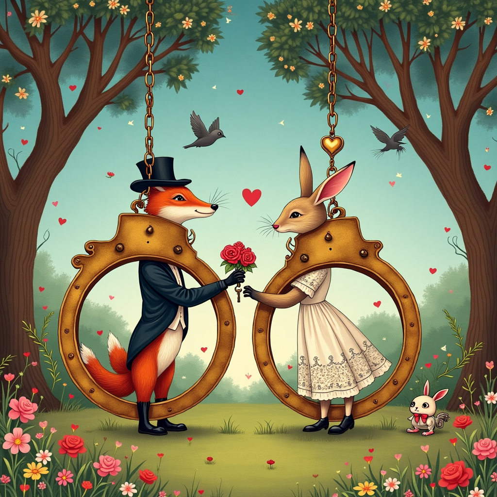 Picture a whimsical, hand-drawn illustration that captures a playful yet intricate Valentine's Day scene, reminiscent of the detailed line work of Aubrey Beardsley combined with the storytelling charm of Norman Rockwell. In the foreground, there are two oversized, ornate handcuffs, each adorned with delicate heart-shaped lockets dangling from their chains. These handcuffs are illustrated with a vintage, brass finish, showing an aged patina that catches the light in various shades of gold and bronze.

Inside the open handcuffs, instead of wrists, two charming anthropomorphic animals—perhaps a dapper fox and a lady rabbit dressed in early 20th-century attire—stand side by side. The fox, in a classic waistcoat and top hat, holds a tiny bouquet of heart-shaped roses, each petal delicately shaded in rich reds and pinks. The lady rabbit, in a flowing gown with intricate lace patterns reminiscent of Beatrix Potter's illustrations, gazes with amusement at a miniature key that dangles from her paw, seemingly the key to the handcuffs.

The background reveals a romantic park setting, with tall, elegantly twisted trees inspired by Arthur Rackham, their branches forming a canopy overhead. Tiny birds flit about, some carrying ribbons in their beaks, adding movement to the scene. The grass beneath is dotted with colorful wildflowers, each bloom detailed with care, presenting a soft tapestry of pastel hues.

Above, the sky is a Maxfield Parrish-esque gradient of twilight blues and purples, with a scattering of twinkling stars. The scene is framed by curling tendrils of ivy and delicate floral motifs, which add an Art Nouveau touch, drawing inspiration from Beardsley’s elegant style.

In the lower right corner, a quirky little cupid—crafted in the style of Quentin Blake, with exaggerated proportions and lively linework—peeks mischievously from behind a tree, holding a quiver of arrows, each arrow tipped with a heart instead of a point.

This Valentine's Day card cover is a playful blend of romance and whimsy, inviting the viewer to appreciate the artistry and detail within every stroke.
Generated with these themes: handcuffs .
Made with ❤️ by AI.