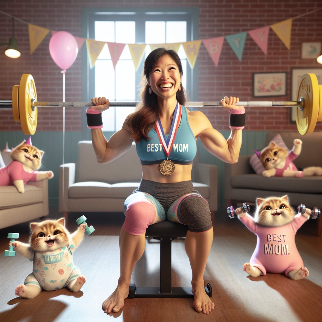 Imagine a playful and heartwarming scene set during a birthday celebration. A South Asian woman, dressed in her Crossfit gear, is whimsically bench-pressing her baby who is wearing a delightful onesie. Adding to her festive attire is a 'best mom' medal around her neck. In a corner of the room, two cheerful, athletic cats are visible with small barbells, significantly contributing humor and a loving feeling to the scene. This image encapsulates a family-focused birthday party filled with warmth, love, and a dash of humor.
Generated with these themes: Crossfit, Wife, Baby, and Cats.
Made with ❤️ by AI.