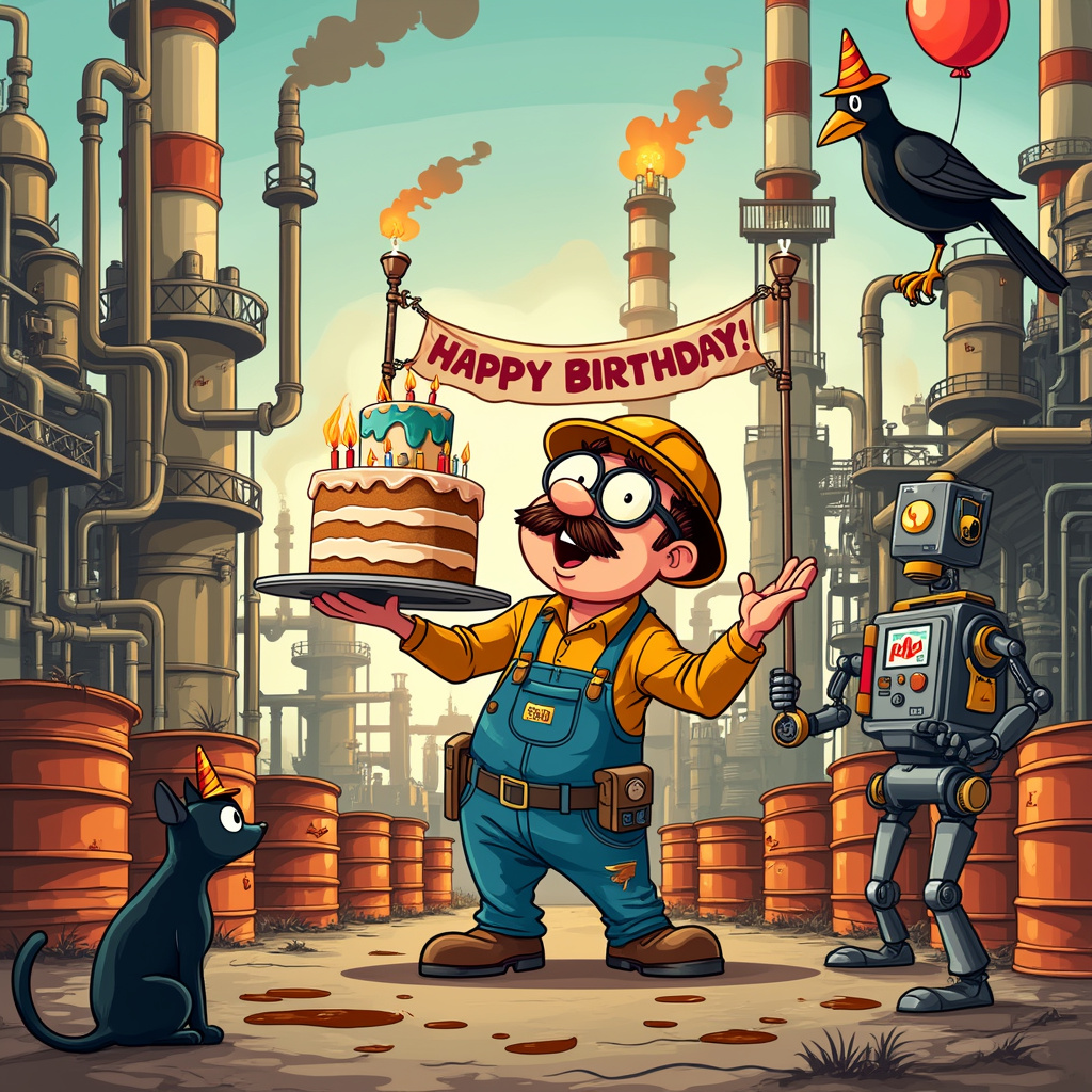 The front cover of the birthday greeting card showcases a hilariously chaotic cartoon scene set in a bustling oil refinery. The setting is an amalgamation of intricate refinery towers, pipes snaking like wild spaghetti, and massive oil drums scattered around. Our main character, a goofy but well-meaning worker named Oily Ollie, is front and center. Imagine a lovable character with big, round glasses, a hard hat too large for his head, and a perpetually surprised expression. He’s wearing an oversized blue jumpsuit with patches and oil stains.

Ollie is juggling several oil cans in one hand while trying to balance a comically huge birthday cake in the other. The cake is extravagantly decorated, with layers upon layers of frosting, topped with a mini oil drum as a whimsical cake topper. Flames from tiny refinery-style flares serve as the birthday candles on the cake.

In the background, you’ll see Ollie’s equally quirky co-workers, including a burly foreman with a bushy mustache and a tiny Chihuahua wearing a hard hat, trying to organize a surprise party. A banner reads “Happy Birthday!” but it's caught on one of the towering pipes, causing it to stretch in a comical way. Balloons, in the shape of oil droplets, float around, adding to the festive yet absurd atmosphere.

On the left side, a humorous detail shows a sleek black cat curiously dipping its paw into a spilled oil drum, leaving tiny oily paw prints on the ground. To the right, a vintage-style cartoon bird, reminiscent of early Disney characters, is perched atop one of the refinery towers, holding a mini party hat in its beak, ready to swoop down and join the fun.

In the foreground, there’s an amusing touch: a mischievous robot, with a smiley face drawn on its monitor, holding a can of oil as if it’s a drink, making a toast to the birthday person.

Every element in the scene is meticulously drawn with exaggerated, playful details, combining the styles of classic cartoonists with a modern twist, making it a delightful visual treat for anyone receiving the card.
Generated with these themes: Oil, Oil Drum, and Refinery.
Made with ❤️ by AI.