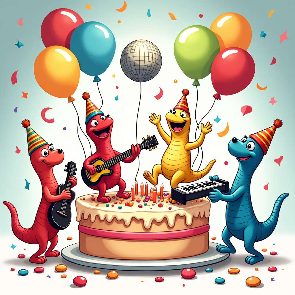 Sure thing! Here's your prompt:

---

At the top of the cartoon image: **"Karen, it’s time to get your birthday Wiggle on!"**

Prompt for the image:

A brightly coloured, cartoon-style illustration of "The Wiggles" as adorable, goofy, wobbly worms wearing birthday party hats and playing instruments — a guitar, drum, and keyboard made out of candy and cake. They're wiggling wildly across a big, festive birthday cake that looks like a dancefloor, with balloons floating all around and a huge glittery disco ball above. One of the worms is mid-dance, almost toppling over from too much excitement. The scene should be vibrant, fun, and super playful, with lots of silly expressions and birthday decorations scattered around.
Generated with these themes: The wiggles .
Made with ❤️ by AI.