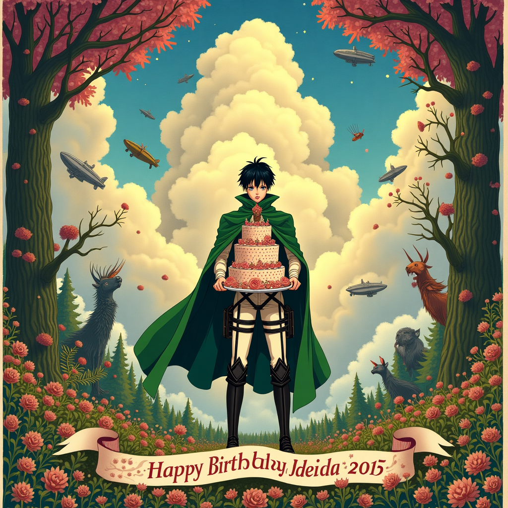 The birthday greeting card's front cover is a surreal and intricately detailed scene that combines the vibrant intensity of "Attack on Titan" with the whimsy of a birthday celebration. 

**Central Figure: Eren Yeager**

Eren Yeager is depicted with meticulous detail, standing confidently at the card's center. He's drawn with a fusion of Aubrey Beardsley's detailed linework and the imaginative style of Maurice Sendak. Eren is dressed in his classic Scout Regiment uniform, with the iconic green cloak billowing around him. In his hands, he holds a birthday cake that's elaborately decorated. The cake features multiple tiers, each layer adorned with intricate patterns reminiscent of Gustave Doré's style. The top of the cake has small, detailed figures of Titans, intricately crafted in a similar vein to Arthur Rackham's creatures.

**Background Elements:**

The background merges the fantastical elements of Maxfield Parrish and the dynamic storytelling of N.C. Wyeth. The setting is a lush, surreal landscape, with towering, intricately drawn trees that echo the grandeur of Beatrix Potter's nature scenes. These trees have exaggerated, swirling branches, reminiscent of Edward Gorey's gothic whimsy.

In the sky, vivid, swirling clouds rendered in Maxfield Parrish's signature, vibrant colors dominate. The sky transitions from deep blues and purples at the top to golden yellows and soft pinks closer to the horizon. Nestled among these clouds are airships and elements from the "Attack on Titan" universe, rendered in Quentin Blake's playful, dynamic line style.

**Foreground Details:**

Scattered across the foreground are delicate, detailed flowers and whimsical creatures peeking out from behind the foliage, taking inspiration from Arthur Rackham's storytelling style. These elements are filled with subtle, muted colors, enhancing the vibrant scene without overwhelming it.

**Additional Elements:**

To the sides of Eren, two banners float gracefully in the air, their surfaces covered in intricate, Art Nouveau patterns, nodding to Beardsley's influence. The banners contain handwritten birthday wishes, each letter painstakingly crafted to match the overall style of the card.

The entire scene is framed with a delicate border of entwined vines and flowers, inspired by Edward Gorey, creating a subtle yet enchanting finish to the card.
Generated with these themes: Eren yeager holding a birthday cake, and Attack on titan .
Made with ❤️ by AI.