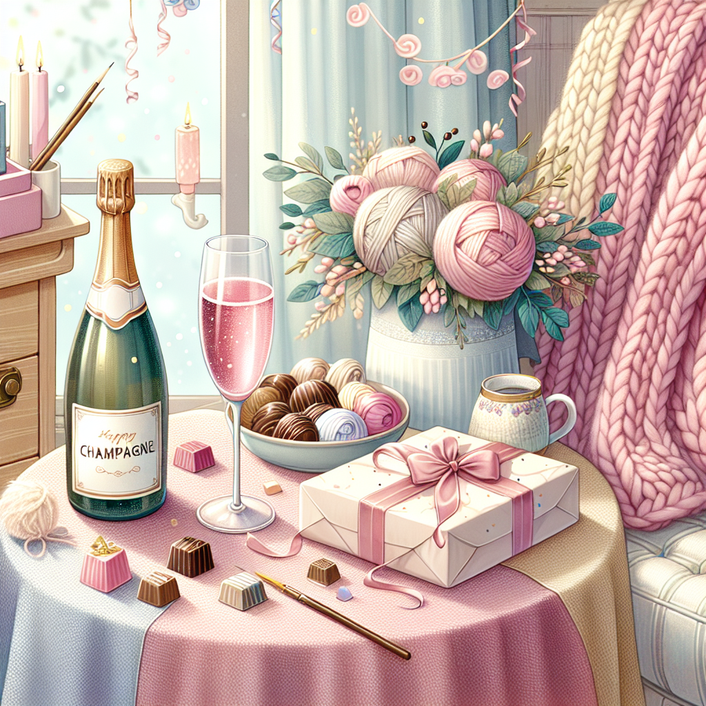 An endearing birthday-themed illustration depicts a cozy nook filled with celebration's warmth. Atop a pastel tablecloth rests a bottle of pink champagne, its delicate bubbles hinting at joy. Beside it, a scattering of handmade chocolates crafted into miniature festive shapes. Amidst the treats, a charmingly wrapped birthday book awaits its reader, while a half-finished knitted scarf drapes over a nearby chair, its soft yarns whispering tales of comfort and care.
Generated with these themes: Pink champagne chocolates books knitting.
Made with ❤️ by AI.