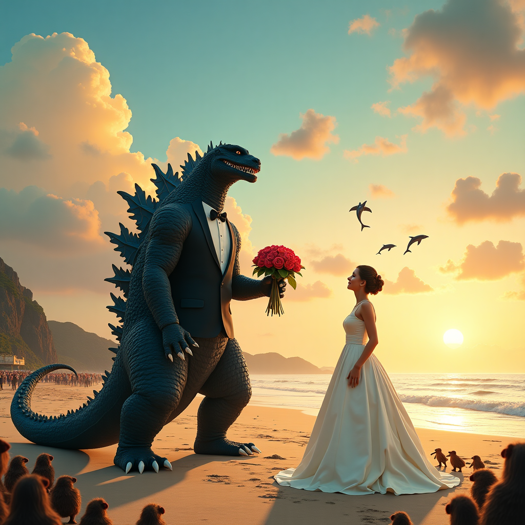 In this whimsically hilarious scene, Godzilla, towering with a tuxedo that's awkwardly draped over his gargantuan form, stands on a picturesque beach, holding a bouquet of skyscraper-sized roses. Beside him, Princess Leia, resplendent in her iconic white gown but with a comically long train being held by tiny Ewoks, gazes up adoringly at her scaly groom. The backdrop features a brilliant sunset that casts a golden hue across the sky, where clouds have mysteriously formed the words "Kathleen and Jack," as if the heavens themselves are celebrating this unique union. In the foreground, an elegantly decorated, massive wedding cake—one that would need a crane to slice—has mini figures of Godzilla and Princess Leia as toppers. A crowd of cheering Star Wars characters and tiny Godzilla-like creatures stands around, throwing rice, which in this world, resembles tiny spaceships. The surf gently kisses the shore, with curious dolphins jumping in the distance, creating a fantastical horizon line. The scene is a mash-up of fantasy and cinematic hilarity, ready to bring smiles to Kathleen and Jack on their special day.
Generated with these themes: Godzilla marrying Princess Leia.
Made with ❤️ by AI.