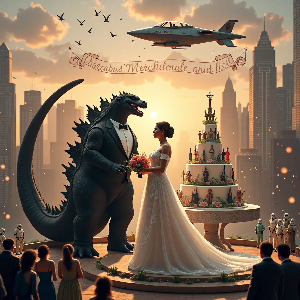 In a bustling metropolis, the scene is set with towering skyscrapers surrounding a peculiar wedding ceremony at the city's heart. In the foreground, Godzilla stands impressively in a bespoke tuxedo, his massive tail curving elegantly around a lavishly decorated stage. Princess Leia, donning a shimmering, pearlescent wedding gown with intricate lace detailing and a bouquet of exotic alien flowers, stands by his side. They exchange vows atop a giant wedding cake, each tier adorned with replicas of famous landmarks, from the Eiffel Tower to the Statue of Liberty, as a nod to their intergalactic travels. The cake sits atop a huge, ornate table, with attendees in the form of tiny humans and a few Stormtroopers cheering from ground level. Overhead, a banner trailing from a sleek starship, reminiscent of Leia's home planet of Alderaan, reads "Congratulations Kathleen and Jack" in elegant calligraphy, fluttering through the sky. Clouds shaped like X-Wings float lazily by, and a small group of birds, seemingly unfazed by the giant lizard and space royalty below, forms a heart shape. The entire scene is set against the backdrop of a glowing sunset, painting the sky in shades of orange and purple, making it a perfect spectacle to commemorate Kathleen and Jack's special day.
Generated with these themes: Godzilla marrying Princess Leia.
Made with ❤️ by AI.