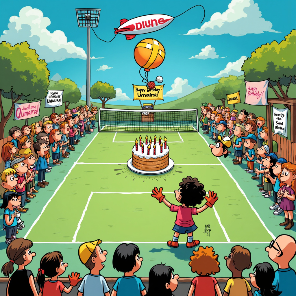 The scene is set on a vibrant, cartoon-style netball court with an energetic birthday twist. The court itself is a lush green with bright white lines marking the boundaries and a dazzlingly blue sky above. In the center of the court, we see a hilarious game of netball taking place. 

A cartoon character resembling a netball goalkeeper (GK) stands at one end of the court, decked out in exaggerated, oversized goalie gear, including a gigantic, comically large pair of gloves and helmet, similar to something out of a Gary Larson comic. Their expression is one of exaggerated concentration, eyes popping out and tongue sticking out in determination, clearly taking their role very seriously. This GK character is clutching a birthday cake instead of a ball, with colorful candles and "Happy Birthday Umaira!" written in icing across the top.

On the other end of the court, we have a whimsical netball shooter in mid-air, leaping to make a shot, but instead of a netball, they're holding a huge balloon shaped like a netball, which is comically bouncing off the GK’s birthday cake. This balloon has little comic-style action lines to show its chaotic movement, inspired by Bill Watterson's dynamic style.

Surrounding the court, cheering spectators are a mix of human and anthropomorphic animals, channeling the lively spirit of Charles Schulz’s Peanuts. Some are holding up banners and signs that say, "Go Umaira!" and "Happy Birthday, Umaira!" with enthusiastic expressions and exaggerated poses.

Above the court, a blimp floats in the sky, Disney-style, with "Happy Birthday Umaira!" trailing behind it in a whimsical banner. The sky itself is peppered with fluffy white clouds, and if you look closely, one cloud is shaped like Umaira’s name, adding a touch of Winsor McCay’s dreamlike whimsy to the scene.

On the sidelines, there’s a refreshment table loaded with birthday goodies: cupcakes, party hats, and a big bowl of punch. A cartoon character resembling a referee blows a party horn instead of a whistle, adding to the festive atmosphere. The characters all have exaggerated, expressive faces, reminiscent of Osamu Tezuka's manga influence, bringing a joyful and animated energy to the scene.

Overall, the scene is a bustling, colorful celebration of netball and Umaira’s birthday, full of quirky, delightful details that make the card unique and special.
Generated with these themes: Netball, and GK.
Made with ❤️ by AI.