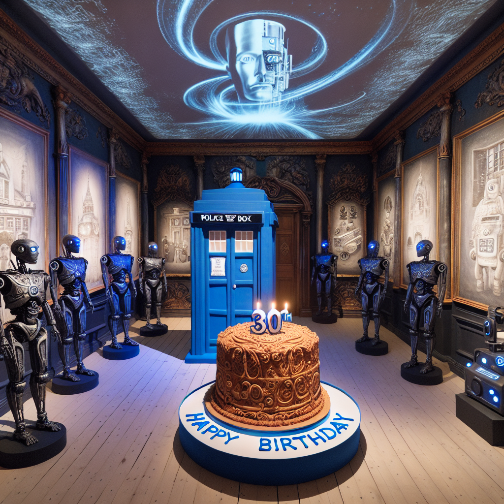 Imagine stepping into a majestic room where surreal elements blend with a realistic atmosphere. The center of attraction is a birthday celebration for a 30th birthday, dominated by a meticulously designed, Victorian sponge cake that takes the form of a distinctive blue British police box. Adjacent to this novelty cake, a robot-inspired design is skillfully drawn, reading '30th Birthday'. Visual graphics are skillfully projected onto the ceiling, depicting an all-knowing entity that silently oversees the events. Around the room, unique human-like robotic figures are strategically placed, poised to wish the celebrant a 'Happy Birthday' with their characteristic emotionless voice.
Generated with these themes: Dr Who, Dalek, 30th Birthday , Face of Bo, Cyberman, and Victoria Sponge.
Made with ❤️ by AI.