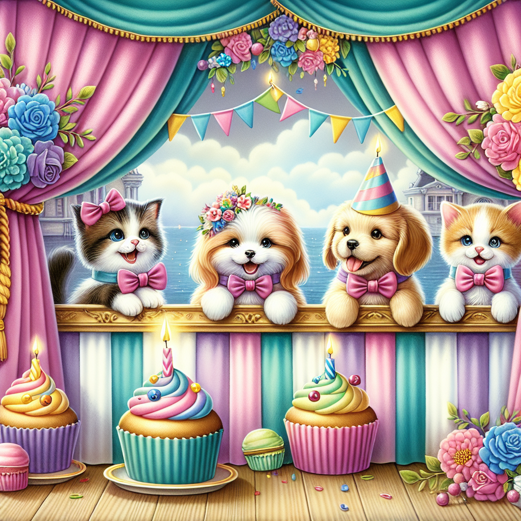 Create an enchanting illustration that captures the essence of joy. The image centers on a charming peep show set during a birthday party. Behind curtains colored in soft pastel shades, playful puppies and kittens donning bow ties peek out in anticipation. Alongside these delightful creatures are cupcakes, each garnished with a single candle, and garlands of vibrant flowers that bring a touch of sweetness to the celebratory scene. The overall atmosphere should radiate warmth and cheer, reflecting the pure bliss of the birthday festivities.
Generated with these themes: Peep show.
Made with ❤️ by AI.