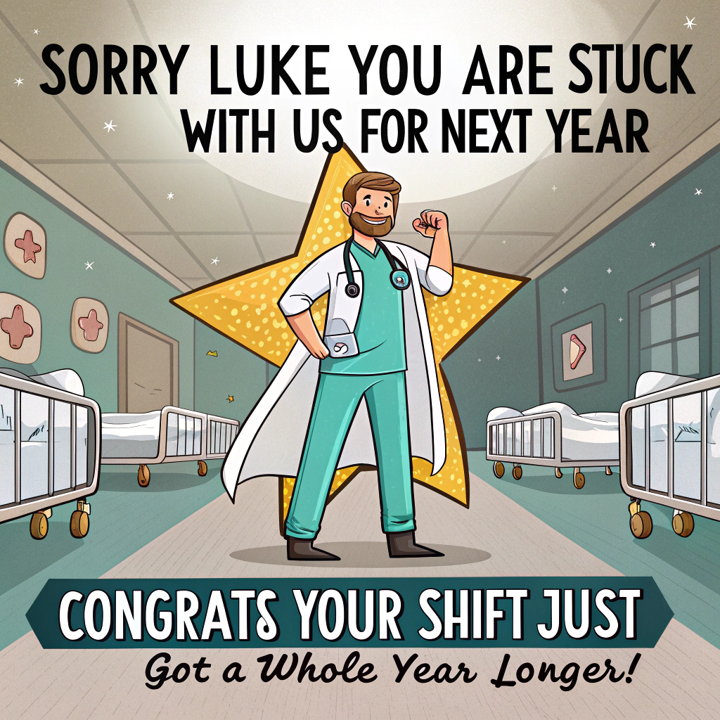 At the top of the Cartoon Style image, "Sorry LUKE you are stuck with us for next year"

At the bottom of the image, "Congrats—your shift just got a whole year longer!"

Create a playful, bold hospital ward scene with thick outlines and bright, saturated colors. Center stage: Luke, the Nursing Unit Manager, in turquoise scrubs with a billowing white coat cape, a giant star-shaped badge (no text), and an exaggerated, confident grin. He “bosses” the floor like a conductor—one hand raised with a comically oversized pen as a baton, the other holding a huge clipboard like a shield. Around him, a lively squad of cartoon nurses in energetic poses: one juggling colorful charts, one wheeling a supply cart stacked with steaming coffee cups, another giving a big thumbs-up. Add whimsical motion lines, starbursts, and confetti shaped like hearts and bandages swirling around. Include fun medical icons orbiting Luke—stethoscopes, gloves, and clipboards—hinting he’s the orchestrator of organized chaos. Background shows a bright nurse station with simple heart icons on monitors (no words). Use a punchy palette: teal, coral, sunshine yellow, electric blue, and hot pink, with chunky shadows and glossy highlights. Render the top line in big, cheerful bubble letters with a thick outline; place the bottom line in a bold ribbon banner. No other text in the scene.
Generated with these themes: Nursing Unit Manage, Bossing, and .
Made with ❤️ by AI.
