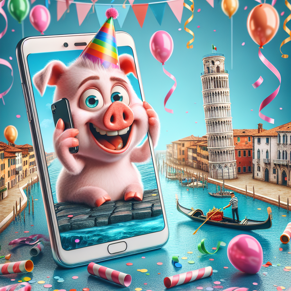 Create an image of a goofy cartoon piglet having a conversation on a mobile phone. The background for this scene is located in Italy, spotlighting major landmarks such as the Leaning Tower of Pisa and a gondola meandering through the waterways of Venice. It's a festive atmosphere with vibrant balloons and confetti tinsels supplementing the air, resulting in a lighthearted birthday ambiance blended with the enchanting beauty of Italy.
Generated with these themes: Peppa pig, Mobile phone, and Italy.
Made with ❤️ by AI.