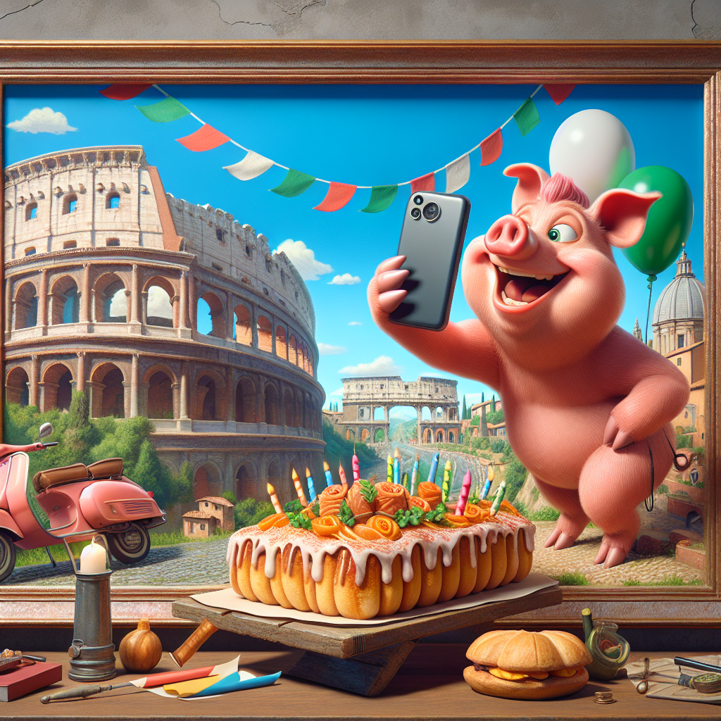 Envision an Italian landscape backdrop, with a jovial anthropomorphic piglet giddily holding a smartphone, perhaps to capture a self-portrait. Historical monuments like a Roman amphitheater and quintessentially Italian elements such as a vintage motor scooter are artistically incorporated into the panorama. Indications of birthday merriment are suggested via the presence of a festive pastry decorated with the colors of the Italian national flag and party hats being worn by the animated piglet and her friends.
Generated with these themes: Peppa pig, Mobile phone, and Italy.
Made with ❤️ by AI.