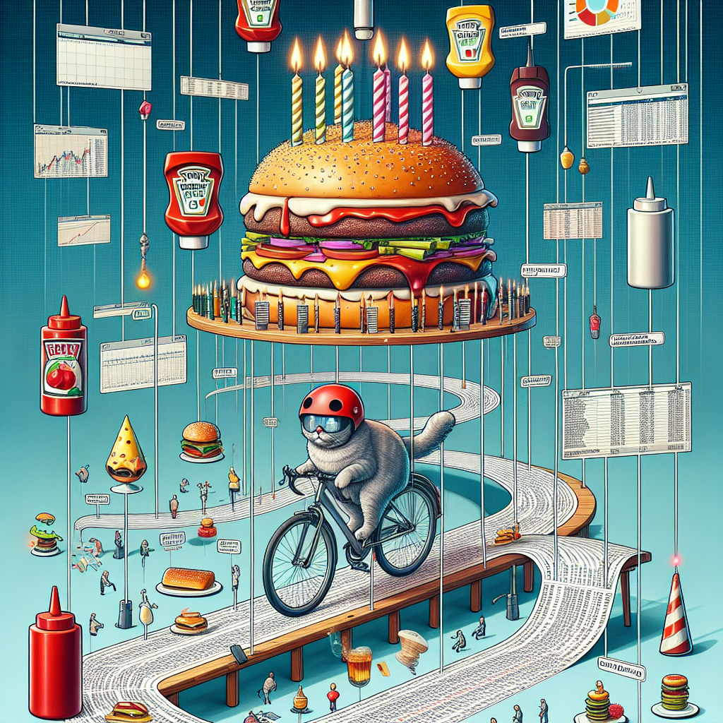 Happy cat riding bike wearing helmet, Ketchup, Birthday cake, Road cycling, Data, Spreadsheets, and Burger Birthday Card