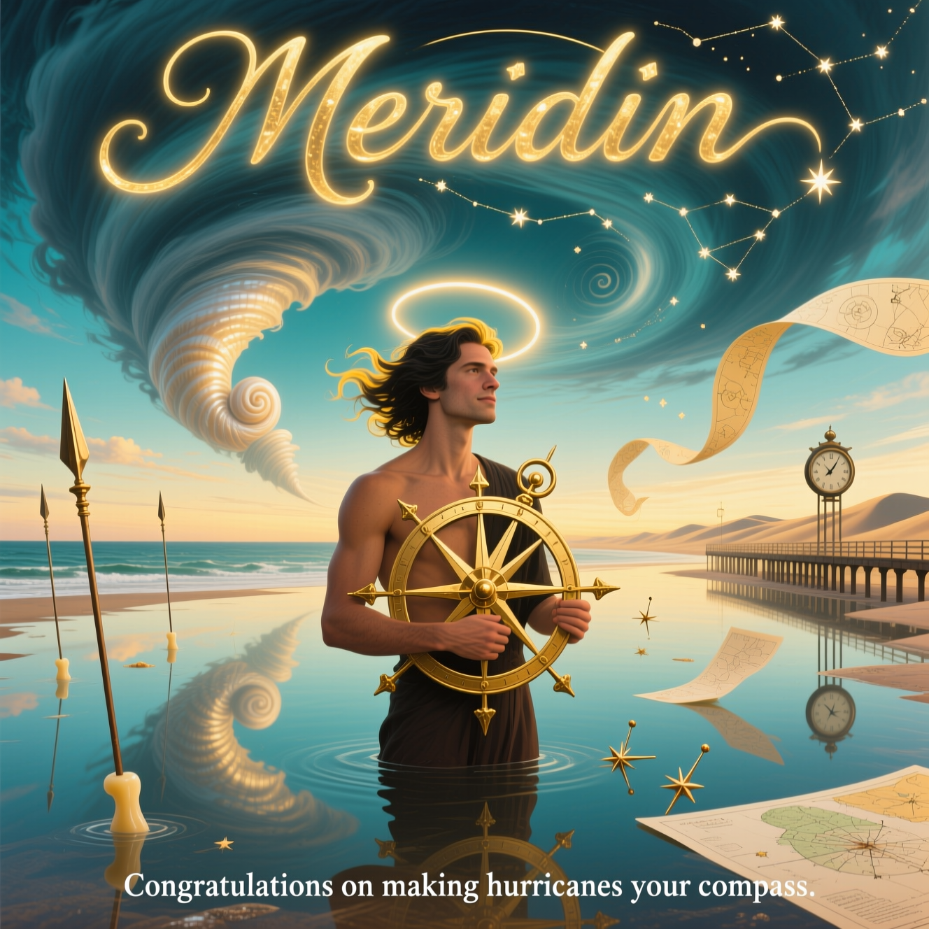 At the top of the Surreal Style image, "Meridin" in luminous, flowing gold script that subtly echoes the curved arcs of a sextant.

A Dali-inspired, dreamlike seascape at golden hour: an endless, mirror-still shoreline reflects an otherworldly sky where a vast hurricane unfurls like a celestial shell. In the center stands a calm, triumphant figure with tanned skin and dark hair streaked with blonde, their wind-tossed strands dissolving into the spiraling storm. They cradle a polished brass sextant whose arms melt into starlit compass roses and faint constellation lines stitched across the heavens. Around them, shortspears rise and drift—some planted in the glassy shore, others floating at impossible angles—softly bending like warm wax; their tips morph into tiny compass needles, their elongated shadows all pointing toward the hurricane’s serene eye. Small cyclones shimmer as gentle, silken ribbons, carrying fragments of nautical charts and star maps; one forms a halo behind the figure, bathing them in ethereal, pearlescent light. Drooping clocklike pier slats and map-covered dunes fade into the horizon. The palette glows with teal and indigo storms, pale golds, and warm ivory; the mood is sincerely celebratory and composed, with soft godrays, delicate sparkles of brass patina, and a quiet, confident smile on the subject.

At the bottom of the image, a small single-line caption in clean, understated serif: "Congratulations on making hurricanes your compass."
Generated with these themes: Sextants, Shortspears, Hurricanes, Tanned skin , Dark hair with blonde streaks, and .
Made with ❤️ by AI.