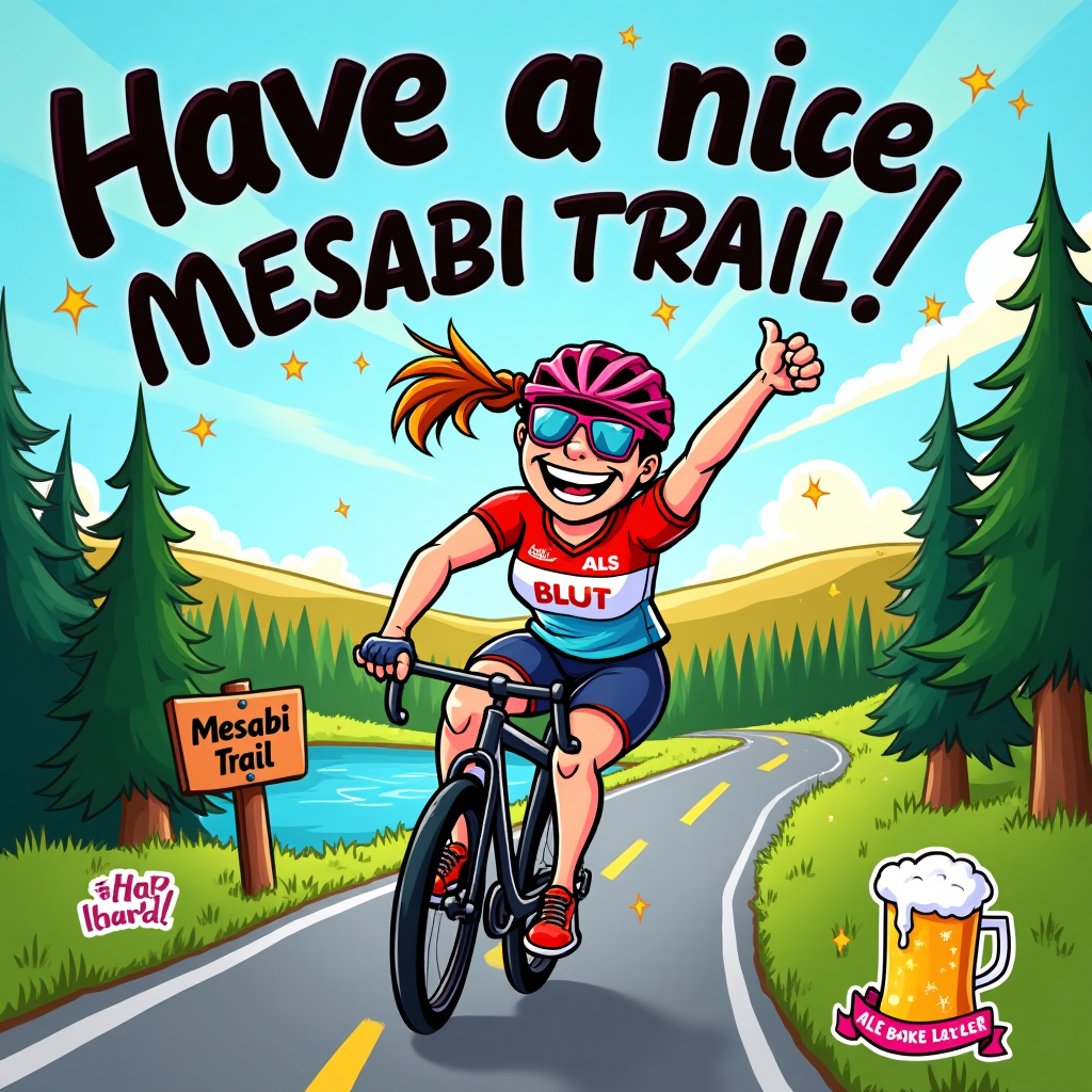 At the top of the Cartoon Style image, Have a nice ride!

A playful, funny, high-energy cartoon scene of a lady cyclist zooming downhill along the Mesabi Trail. Big, bold, chunky outlines and bright saturated colors. She’s front-and-center in an exaggerated, triumphant pose: wide grin, wind-whipped ponytail, oversized helmet and star-shaped sunglasses, pedaling hard with swoosh lines and sparkles. She wears a colorful jersey with a small bib that reads “ALS Bike Tour.” The paved path snakes through vibrant North Woods scenery—tall pines, birch, a glinting lake, and rolling iron-range hills—under a cheerful blue sky. A friendly wooden sign by the trail clearly reads “Mesabi Trail.” Confetti and sunbeams add a celebratory vibe as she flies past.

Typography: the top line “Have a nice ride!” in big bubbly, hand-lettered letters with a thick outline and subtle drop shadow, arcing across the sky.

Bottom corner accent: a small, sticker-style illustration of a frosty beer with foam and sparkle highlights. Around/next to the beer, one witty line in a tiny ribbon/banner: “Ride hard, pour later.”

Overall mood: cheeky, upbeat, energetic, and congratulatory; whimsical proportions, thick black outlines, vibrant palette, soft shading, and lively motion lines. Only include the following text elements: “Have a nice ride!”, “Mesabi Trail”, “ALS Bike Tour”, and “Ride hard, pour later.”
Generated with these themes: .
Made with ❤️ by AI.