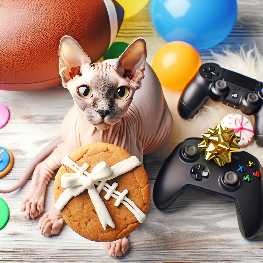 Create an image showing a playful, hairless Sphynx cat in the middle of a festive birthday environment. The cat is holding a cookie shaped like a football in its paw. Surrounding the cat, a cheerful arrangement of game console controllers and disc-shaped items appear to celebrate the occasion. Nearby, a football with a decorative bow on it is presented as a birthday gift.
Generated with these themes: Sphynx cat, Football, PlayStation , and Cookies.
Made with ❤️ by AI.